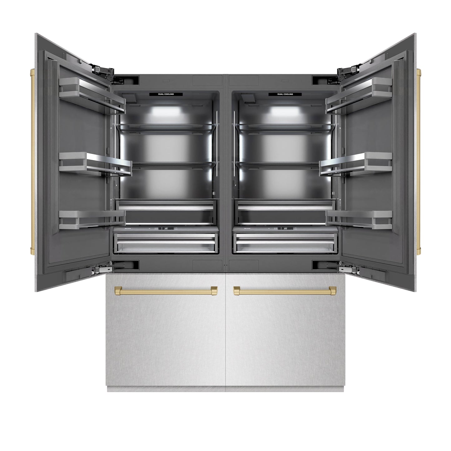 ZLINE Autograph Edition 60 in. 32.2 cu. ft. French Door Built-In Bottom Freezer Refrigerator with Water Dispenser and Ice Maker in Satin Stainless Steel with Graphite Gray Interior and Champagne Bronze Accents (GRBIVZ-SN-60-CB)