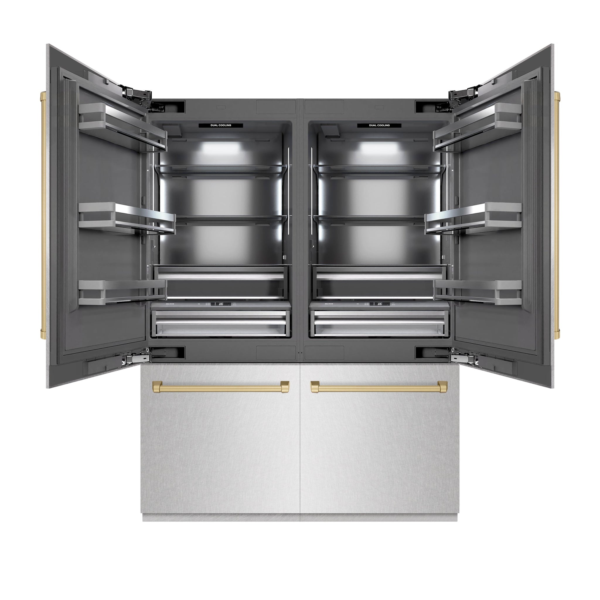 ZLINE Autograph Edition 60 in. 32.2 cu. ft. French Door Built-In Bottom Freezer Refrigerator with Water Dispenser and Ice Maker in Satin Stainless Steel with Graphite Gray Interior and Champagne Bronze Accents (GRBIVZ-SN-60-CB)