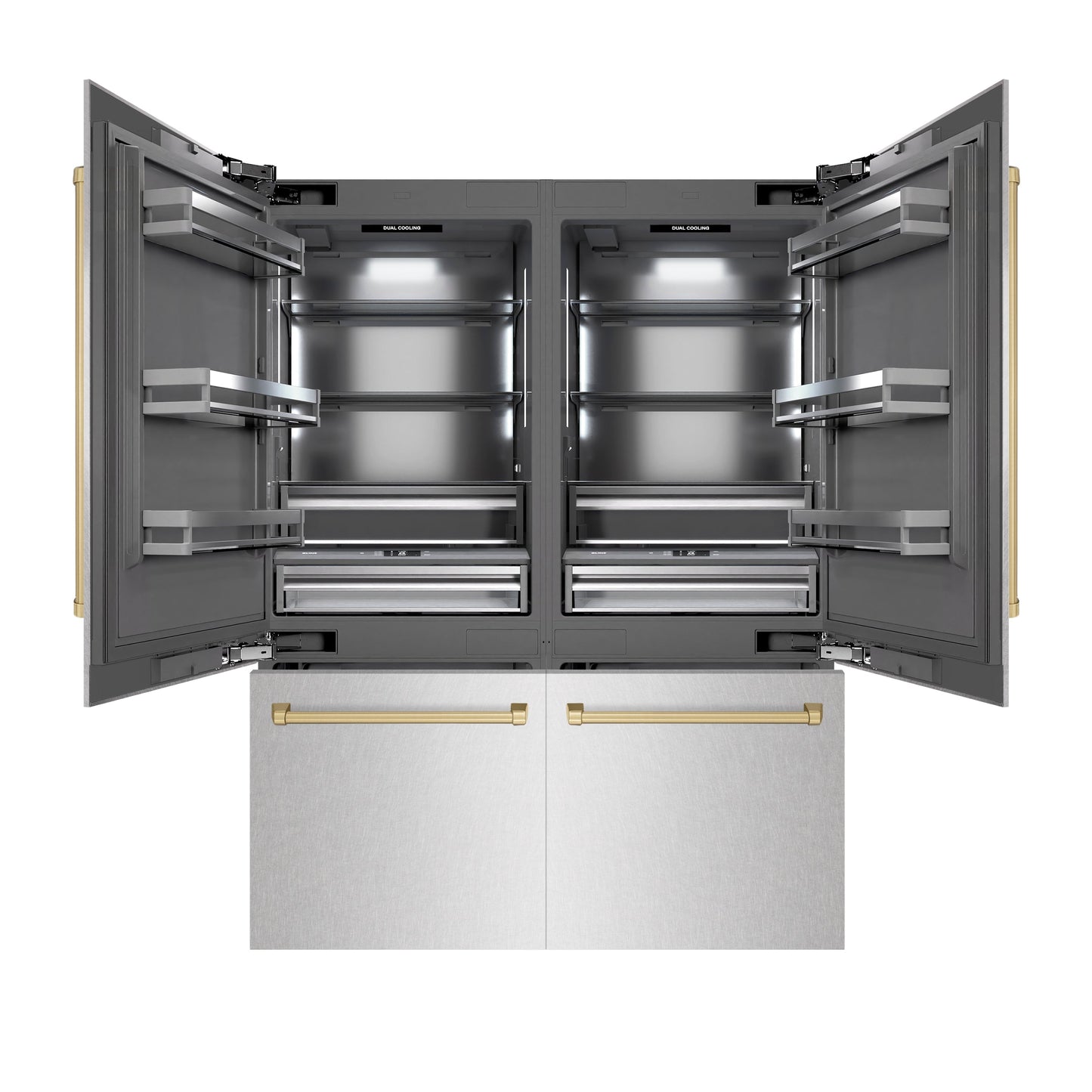 ZLINE Autograph Edition 60 in. 32.2 cu. ft. French Door Built-In Bottom Freezer Refrigerator with Water Dispenser and Ice Maker in Satin Stainless Steel with Graphite Gray Interior and Champagne Bronze Accents (GRBIVZ-SN-60-CB)