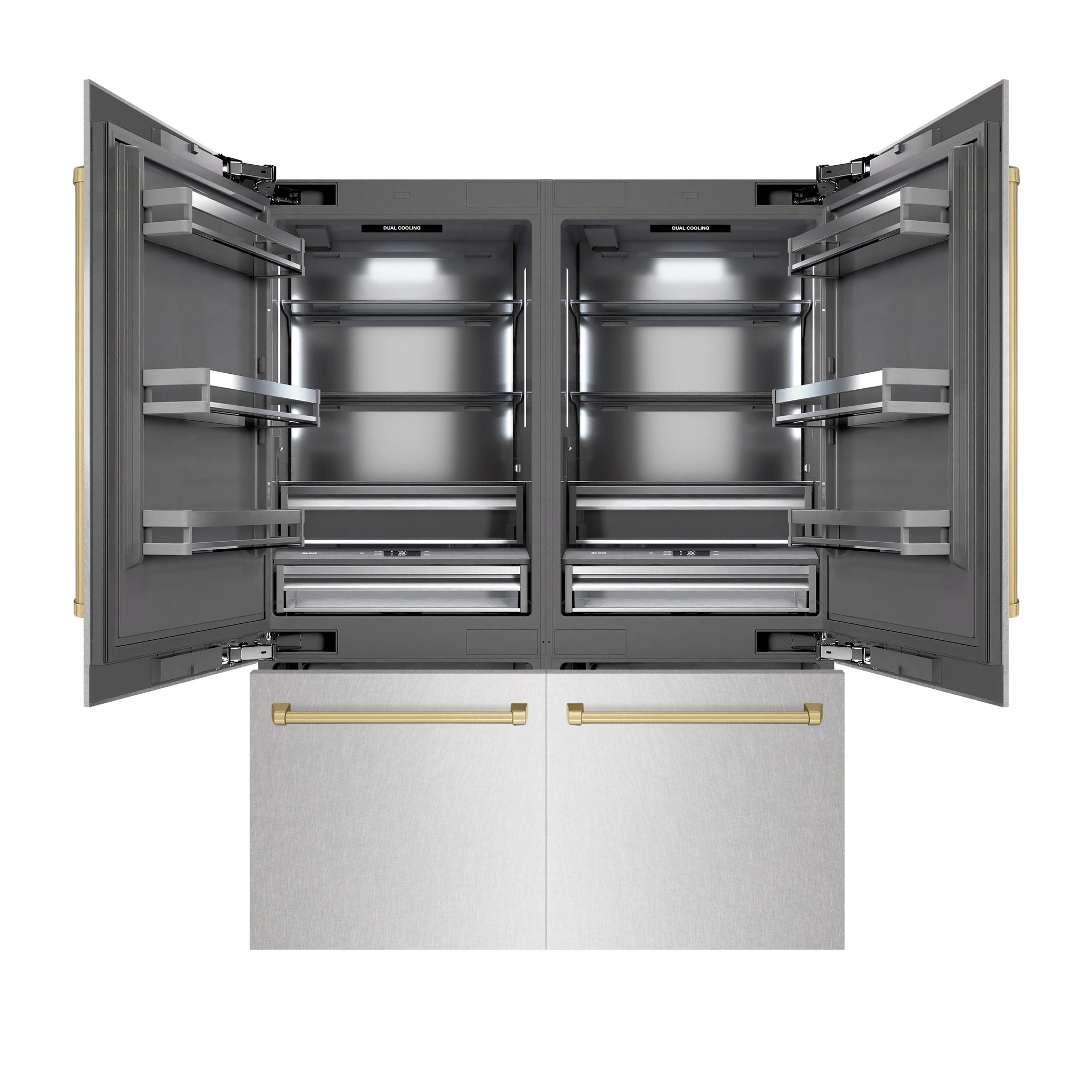 ZLINE Autograph Edition 60 in. 32.2 cu. ft. French Door Built-In Bottom Freezer Refrigerator with Water Dispenser and Ice Maker in Satin Stainless Steel with Graphite Gray Interior and Champagne Bronze Accents (GRBIVZ-SN-60-CB)