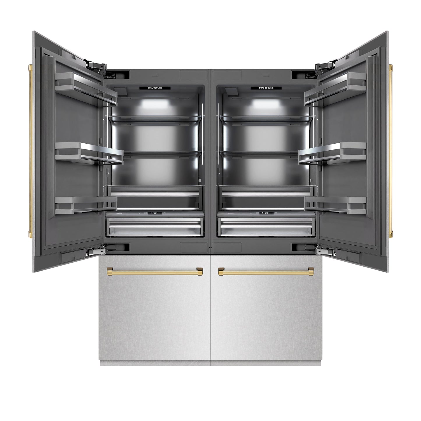 ZLINE Autograph Edition 60 in. 32.2 cu. ft. French Door Built-In Bottom Freezer Refrigerator with Water Dispenser and Ice Maker in Satin Stainless Steel with Graphite Gray Interior and Polished Gold Accents (GRBIVZ-SN-60-G)