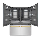 ZLINE Autograph Edition 60 in. 32.2 cu. ft. French Door Built-In Bottom Freezer Refrigerator with Water Dispenser and Ice Maker in Satin Stainless Steel with Graphite Gray Interior and Polished Gold Accents (GRBIVZ-SN-60-G)