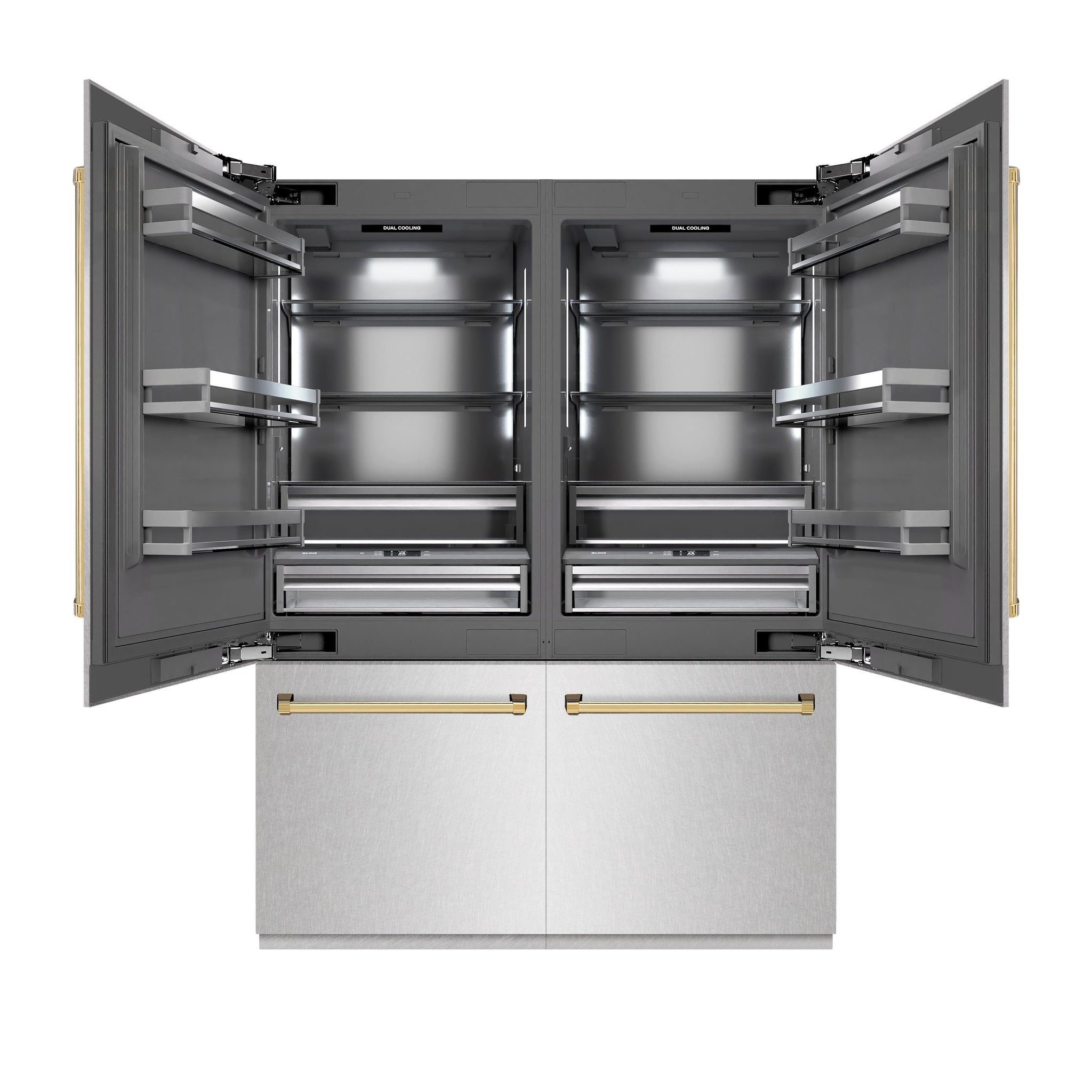 ZLINE Autograph Edition 60 in. 32.2 cu. ft. French Door Built-In Bottom Freezer Refrigerator with Water Dispenser and Ice Maker in Satin Stainless Steel with Graphite Gray Interior and Polished Gold Accents (GRBIVZ-SN-60-G)