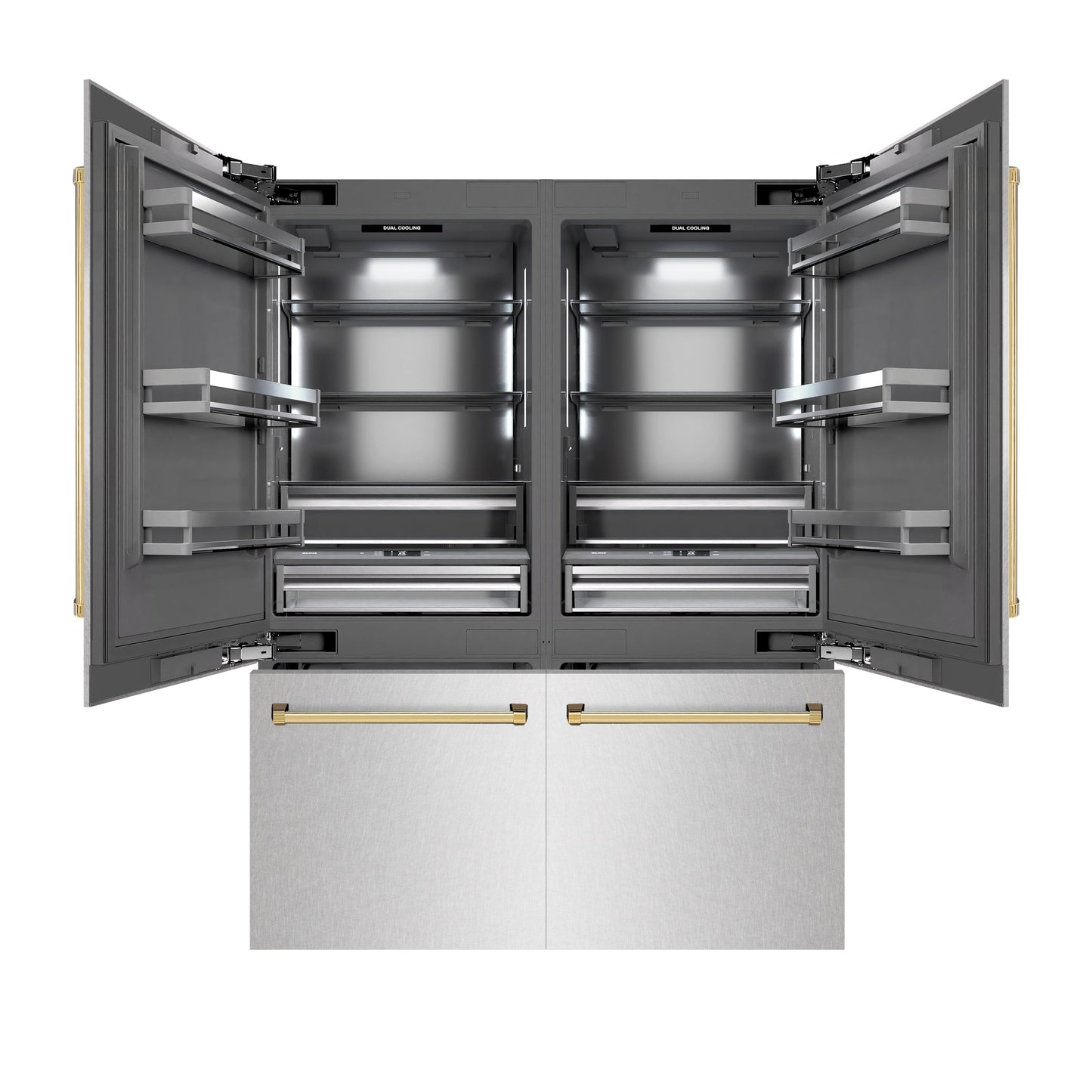 ZLINE Autograph Edition 60 in. 32.2 cu. ft. French Door Built-In Bottom Freezer Refrigerator with Water Dispenser and Ice Maker in Satin Stainless Steel with Graphite Gray Interior and Polished Gold Accents (GRBIVZ-SN-60-G)