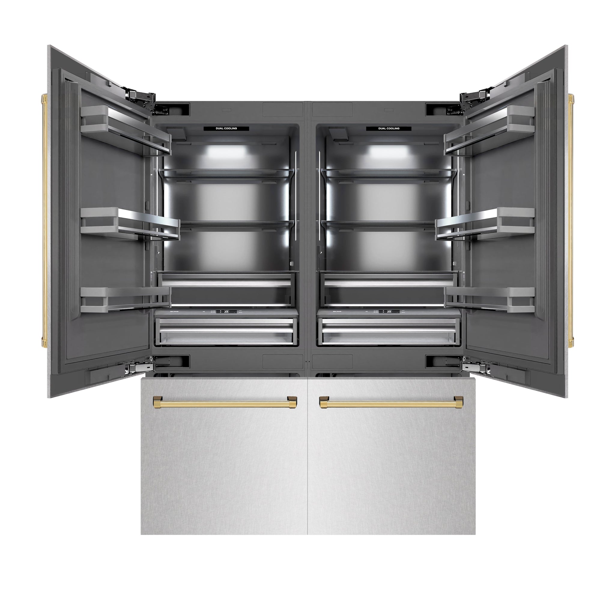 ZLINE Autograph Edition 60 in. 32.2 cu. ft. French Door Built-In Bottom Freezer Refrigerator with Water Dispenser and Ice Maker in Satin Stainless Steel with Graphite Gray Interior and Polished Gold Accents (GRBIVZ-SN-60-G)