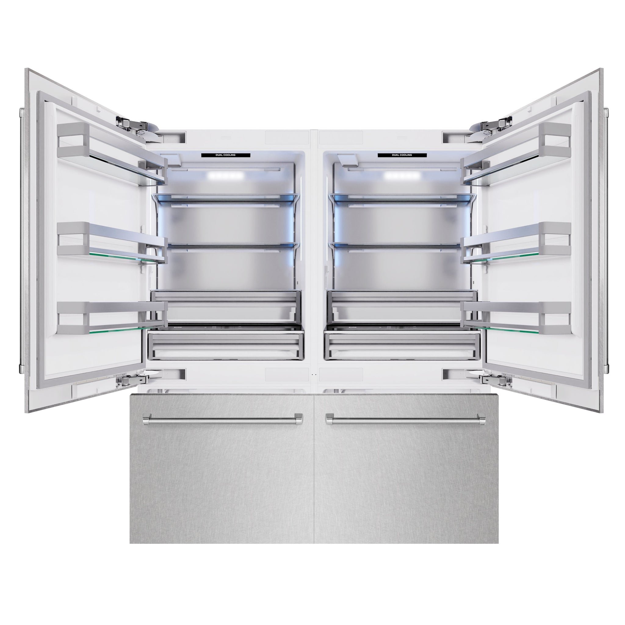 ZLINE 72 in. 39.6 cu. ft. French Door Built-In Bottom Freezer Refrigerator with Water Dispensers and Ice Makers in Satin Stainless Steel (RBIT-SN-72)