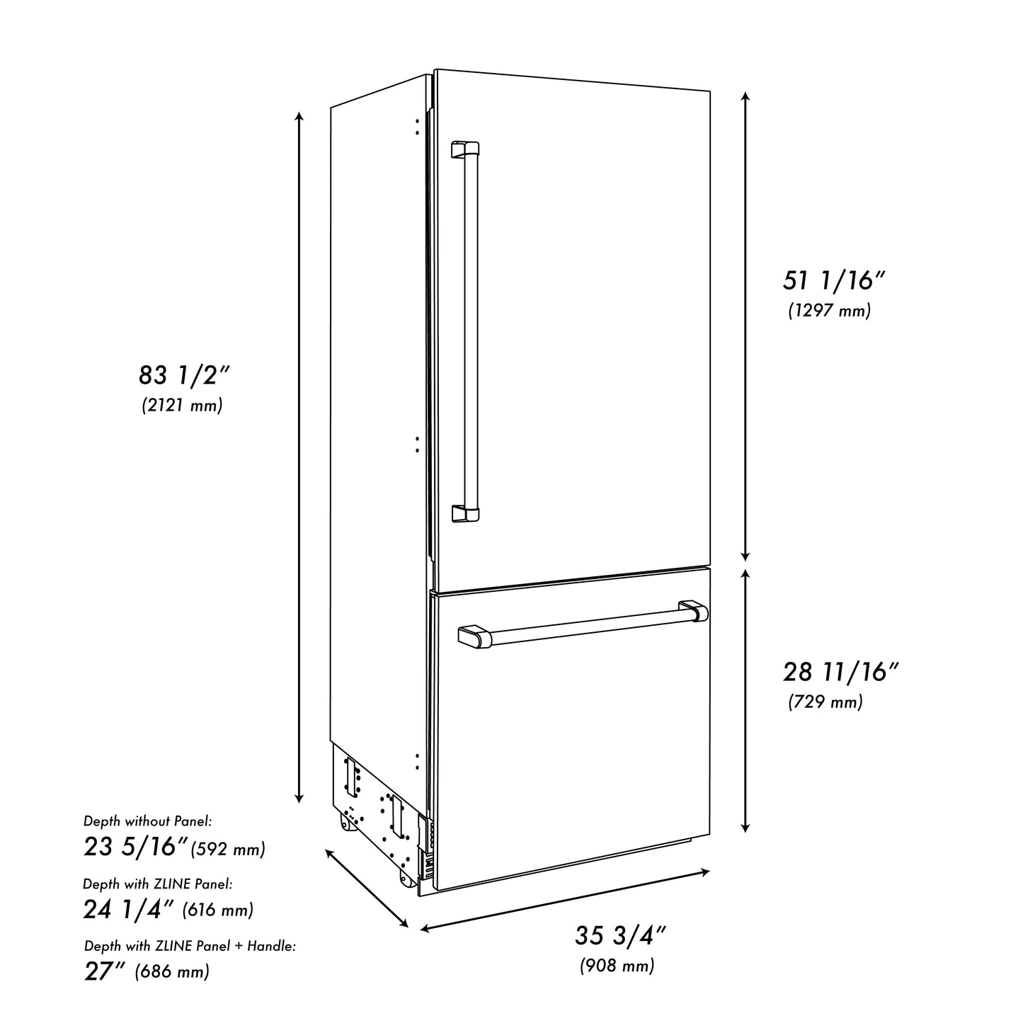 ZLINE Autograph Edition 36 in. 19.8 cu. ft. Built-In Bottom Freezer Refrigerator with Water Dispenser and Ice Maker in Satin Stainless Steel and Champagne Bronze Accents (RBITZ-SN-36-CB)