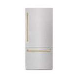 ZLINE Autograph Edition 36 in. 19.8 cu. ft. Built-In Bottom Freezer Refrigerator with Water Dispenser and Ice Maker in Satin Stainless Steel and Champagne Bronze Accents (RBITZ-SN-36-CB)