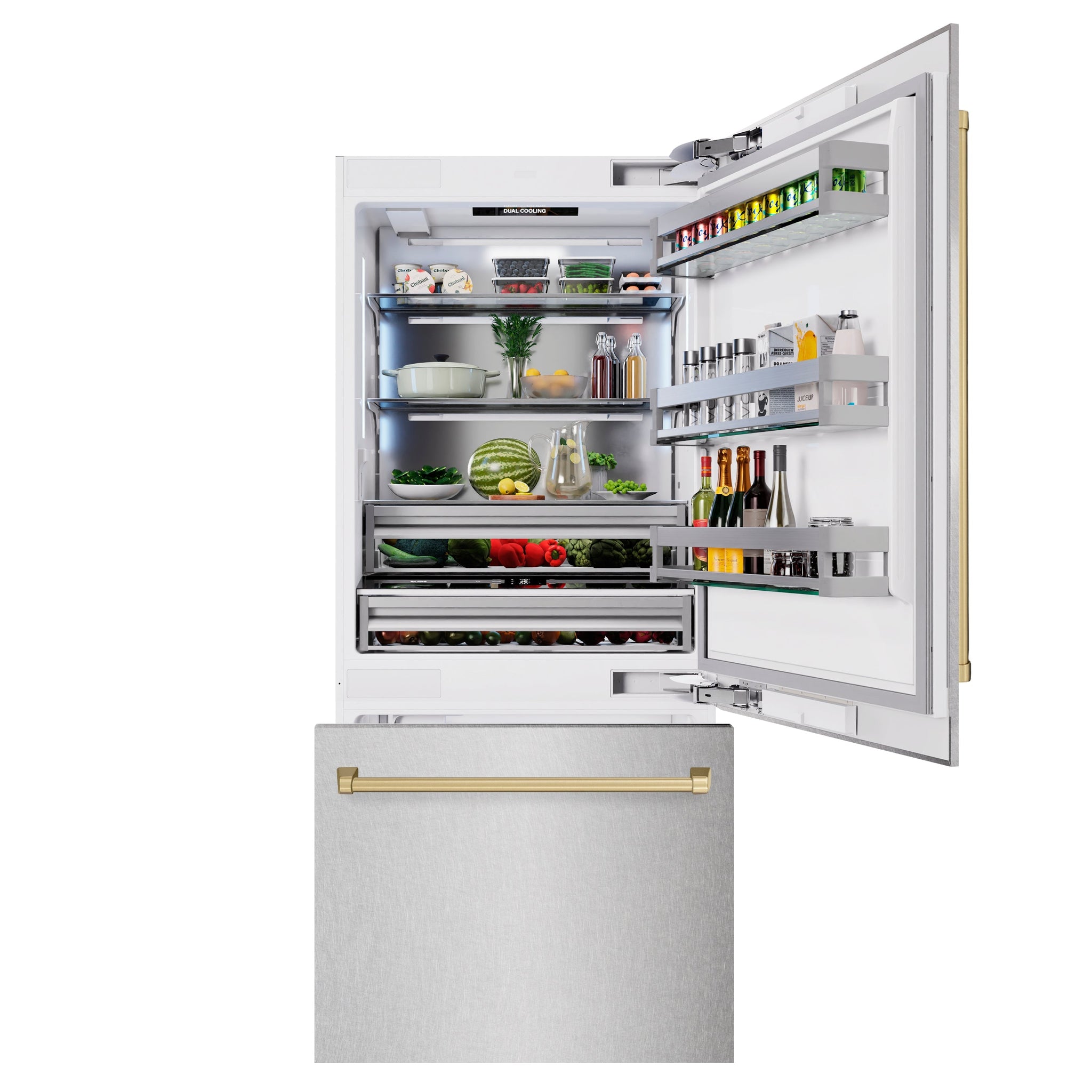 ZLINE Autograph Edition 36 in. 19.8 cu. ft. Built-In Bottom Freezer Refrigerator with Water Dispenser and Ice Maker in Satin Stainless Steel and Champagne Bronze Accents (RBITZ-SN-36-CB)