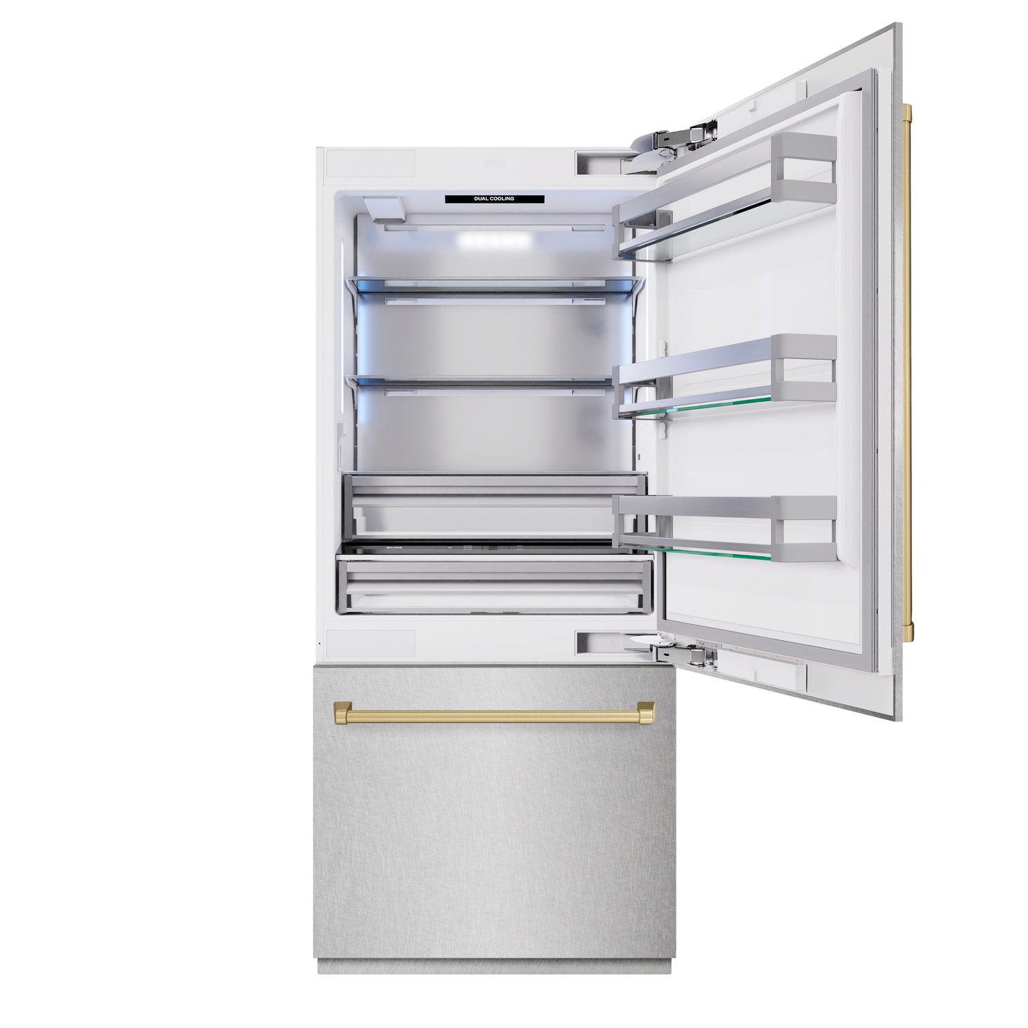ZLINE Autograph Edition 36 in. 19.8 cu. ft. Built-In Bottom Freezer Refrigerator with Water Dispenser and Ice Maker in Satin Stainless Steel and Champagne Bronze Accents (RBITZ-SN-36-CB)