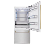 ZLINE Autograph Edition 36 in. 19.8 cu. ft. Built-In Bottom Freezer Refrigerator with Water Dispenser and Ice Maker in Satin Stainless Steel and Champagne Bronze Accents (RBITZ-SN-36-CB)