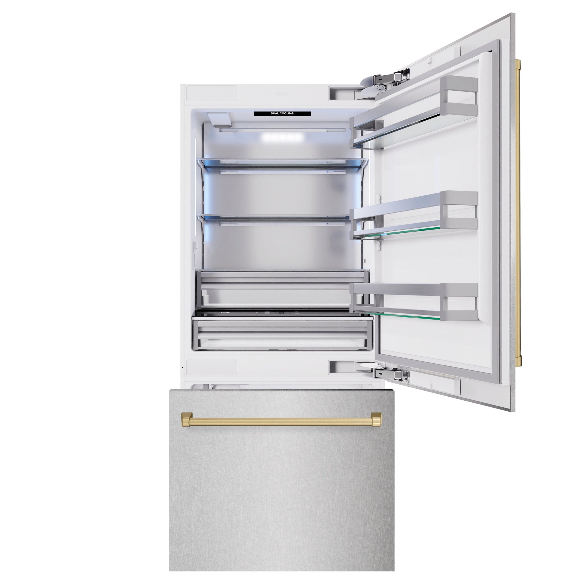 ZLINE Autograph Edition 36 in. 19.8 cu. ft. Built-In Bottom Freezer Refrigerator with Water Dispenser and Ice Maker in Satin Stainless Steel and Champagne Bronze Accents (RBITZ-SN-36-CB)
