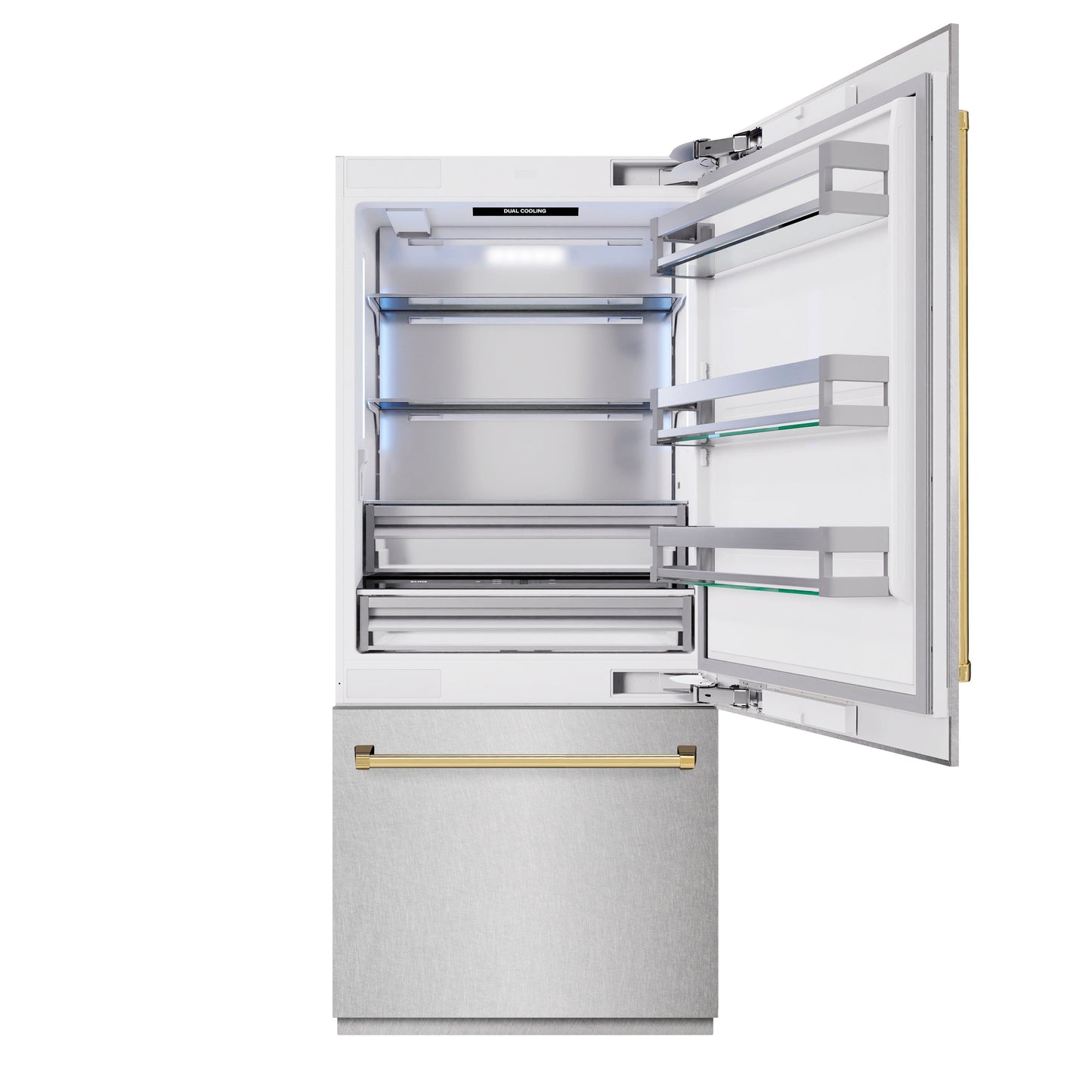 ZLINE Autograph Edition 36 in. 19.8 cu. ft. Built-In Bottom Freezer Refrigerator with Water Dispenser and Ice Maker in Satin Stainless Steel and Polished Gold Accents (RBITZ-SN-36-G)