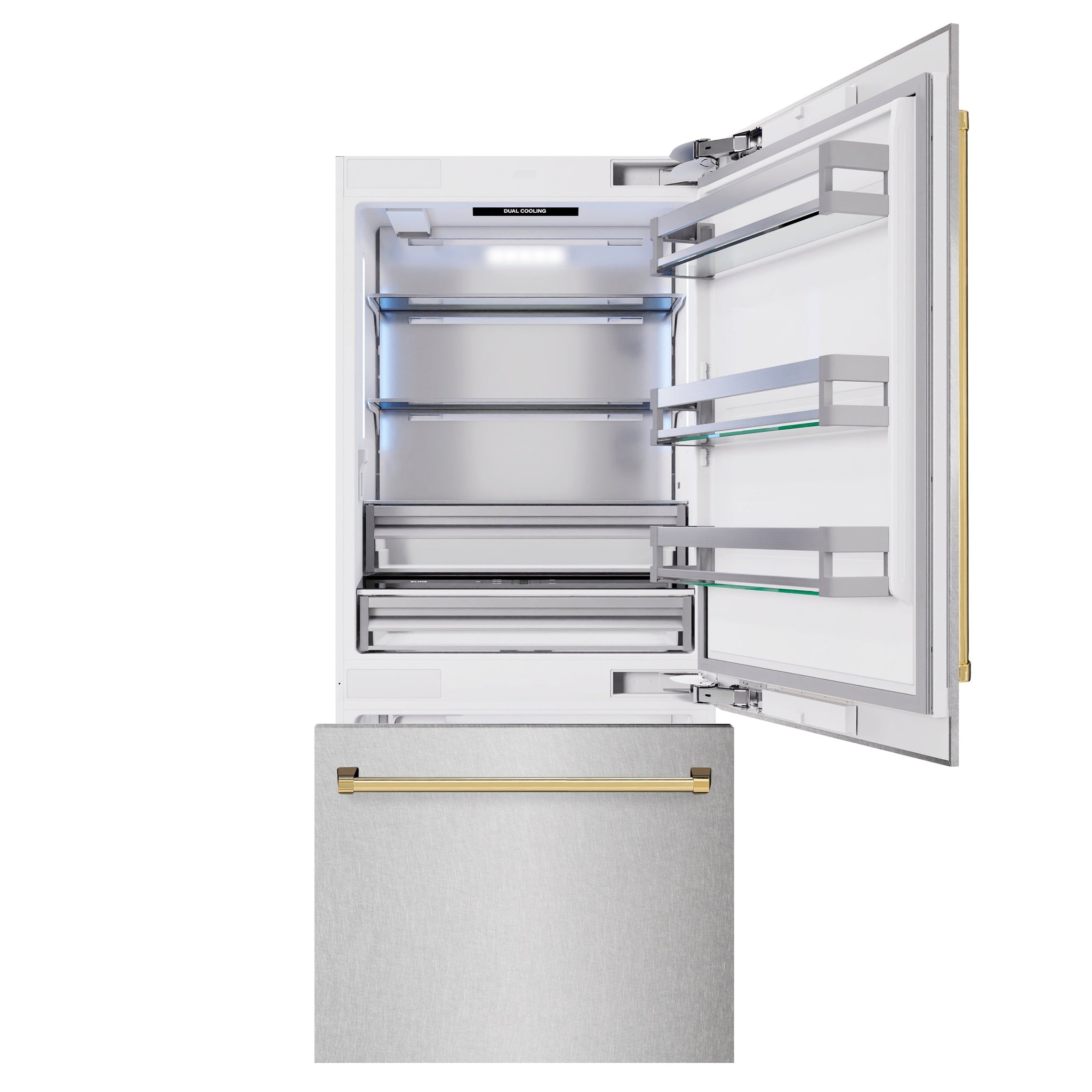 ZLINE Autograph Edition 36 in. 19.8 cu. ft. Built-In Bottom Freezer Refrigerator with Water Dispenser and Ice Maker in Satin Stainless Steel and Polished Gold Accents (RBITZ-SN-36-G)