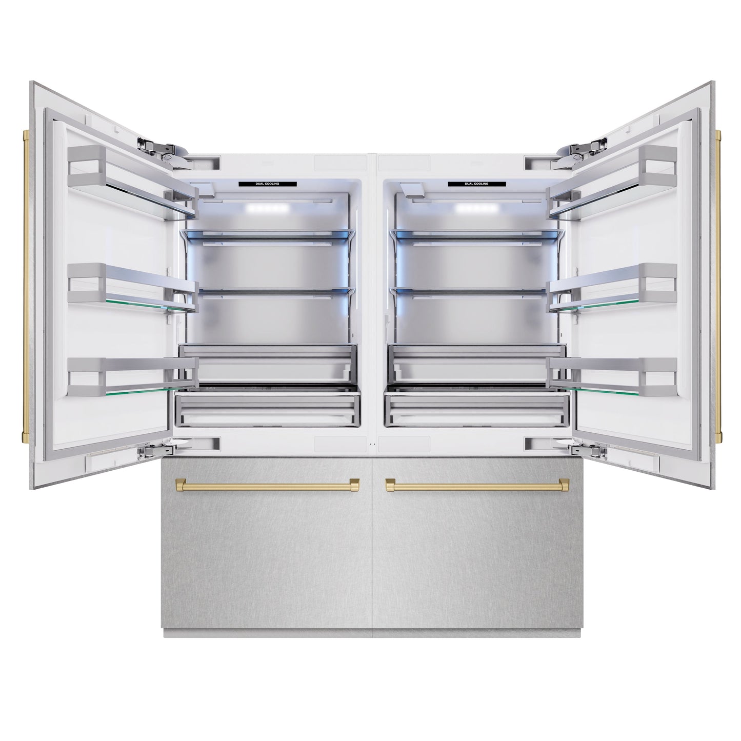 ZLINE Autograph Edition 72 in. 39.6 cu. ft. French Door Built-In Bottom Freezer Refrigerator with Water Dispensers and Ice Makers in Satin Stainless Steel and Champagne Bronze Accents (RBITZ-SN-72-CB)