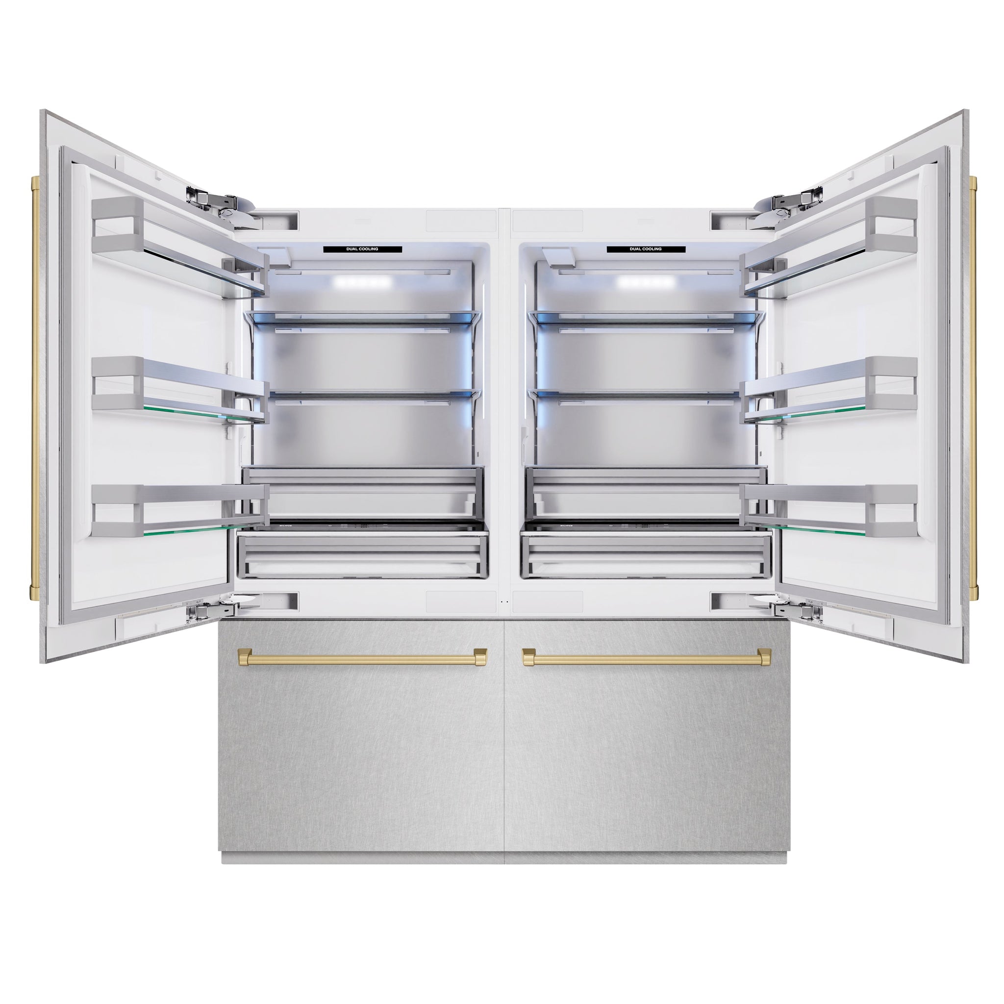 ZLINE Autograph Edition 72 in. 39.6 cu. ft. French Door Built-In Bottom Freezer Refrigerator with Water Dispensers and Ice Makers in Satin Stainless Steel and Champagne Bronze Accents (RBITZ-SN-72-CB)