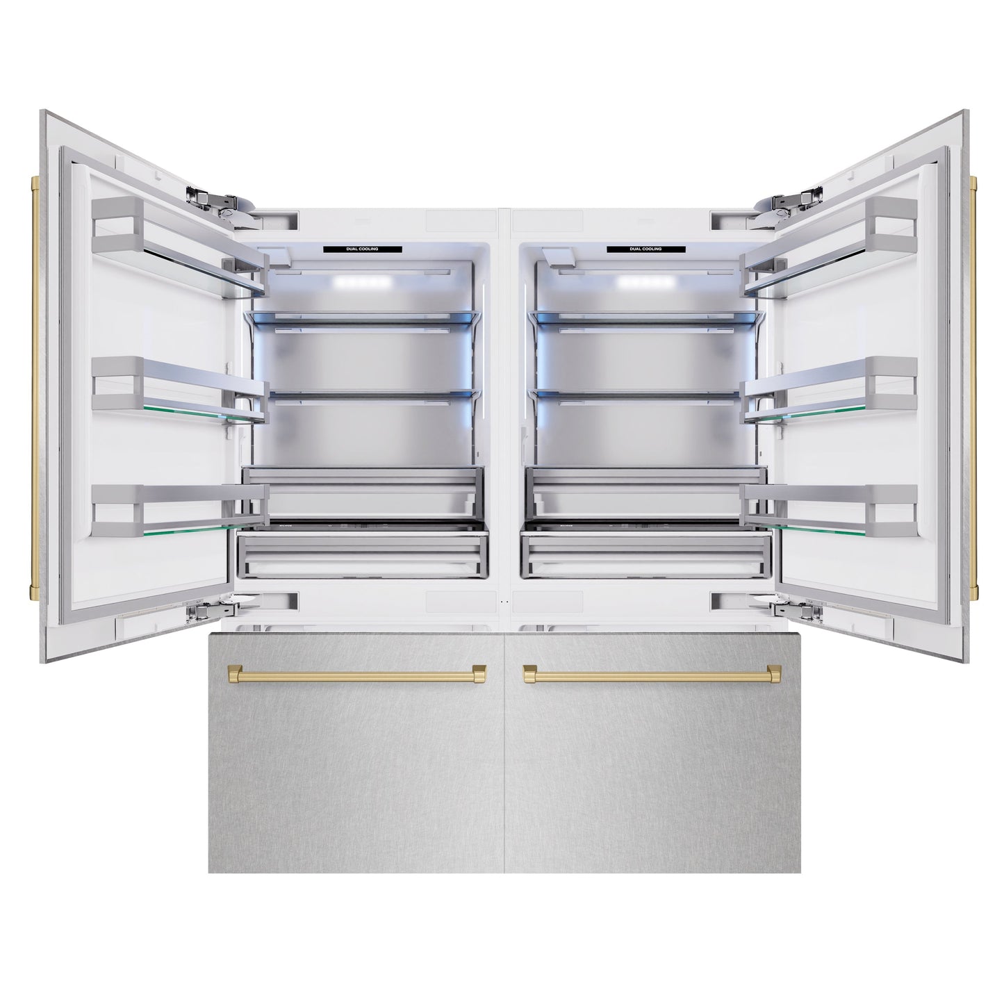 ZLINE Autograph Edition 72 in. 39.6 cu. ft. French Door Built-In Bottom Freezer Refrigerator with Water Dispensers and Ice Makers in Satin Stainless Steel and Champagne Bronze Accents (RBITZ-SN-72-CB)