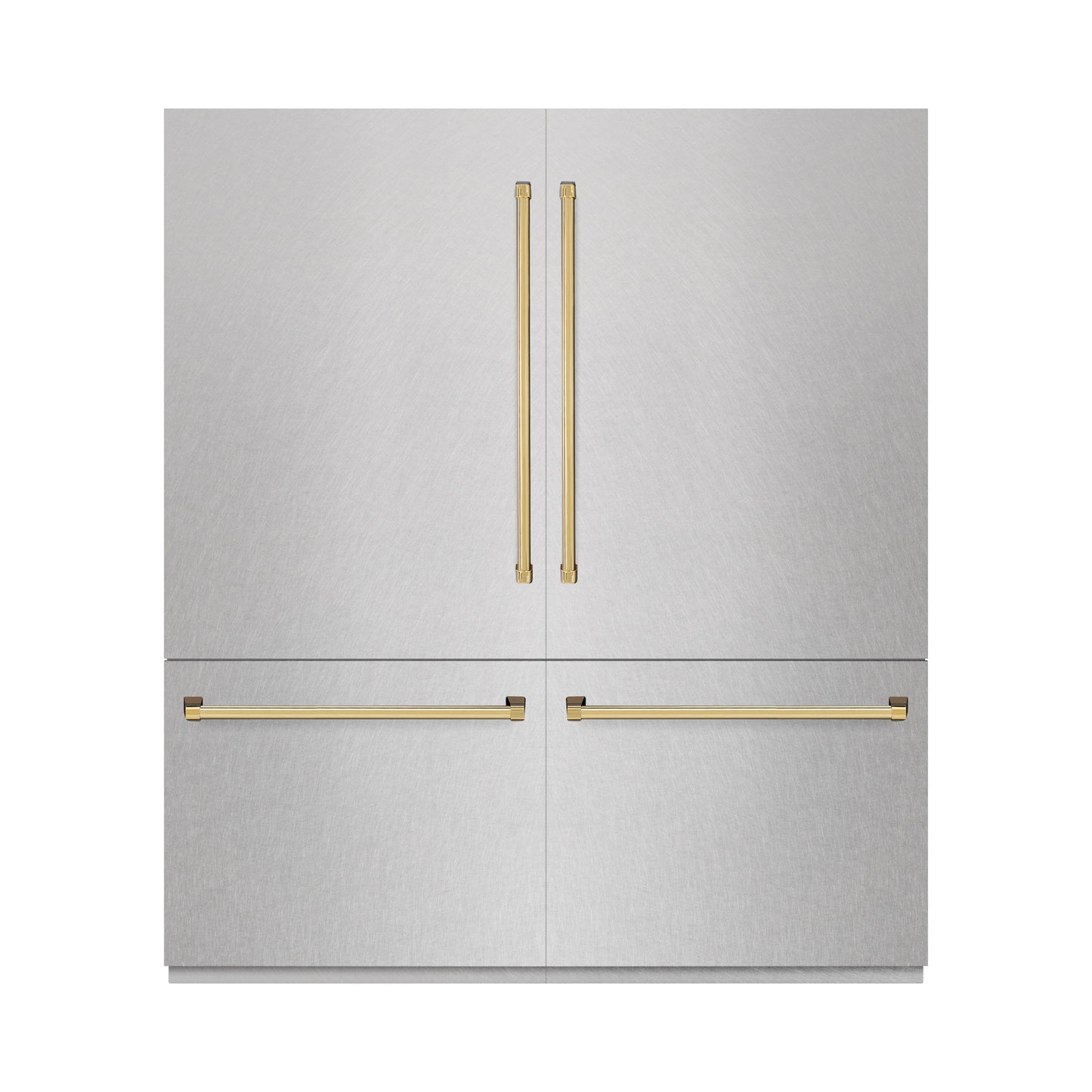 ZLINE Autograph Edition 72 in. 39.6 cu. ft. French Door Built-In Bottom Freezer Refrigerator with Water Dispensers and Ice Makers in Satin Stainless Steel and Polished Gold Accents (RBITZ-SN-72-G)