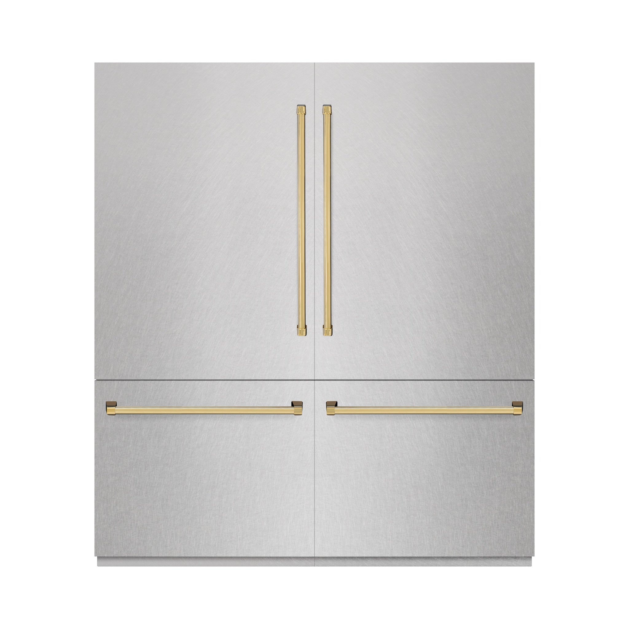 ZLINE Autograph Edition 72 in. 39.6 cu. ft. French Door Built-In Bottom Freezer Refrigerator with Water Dispensers and Ice Makers in Satin Stainless Steel and Polished Gold Accents (RBITZ-SN-72-G)