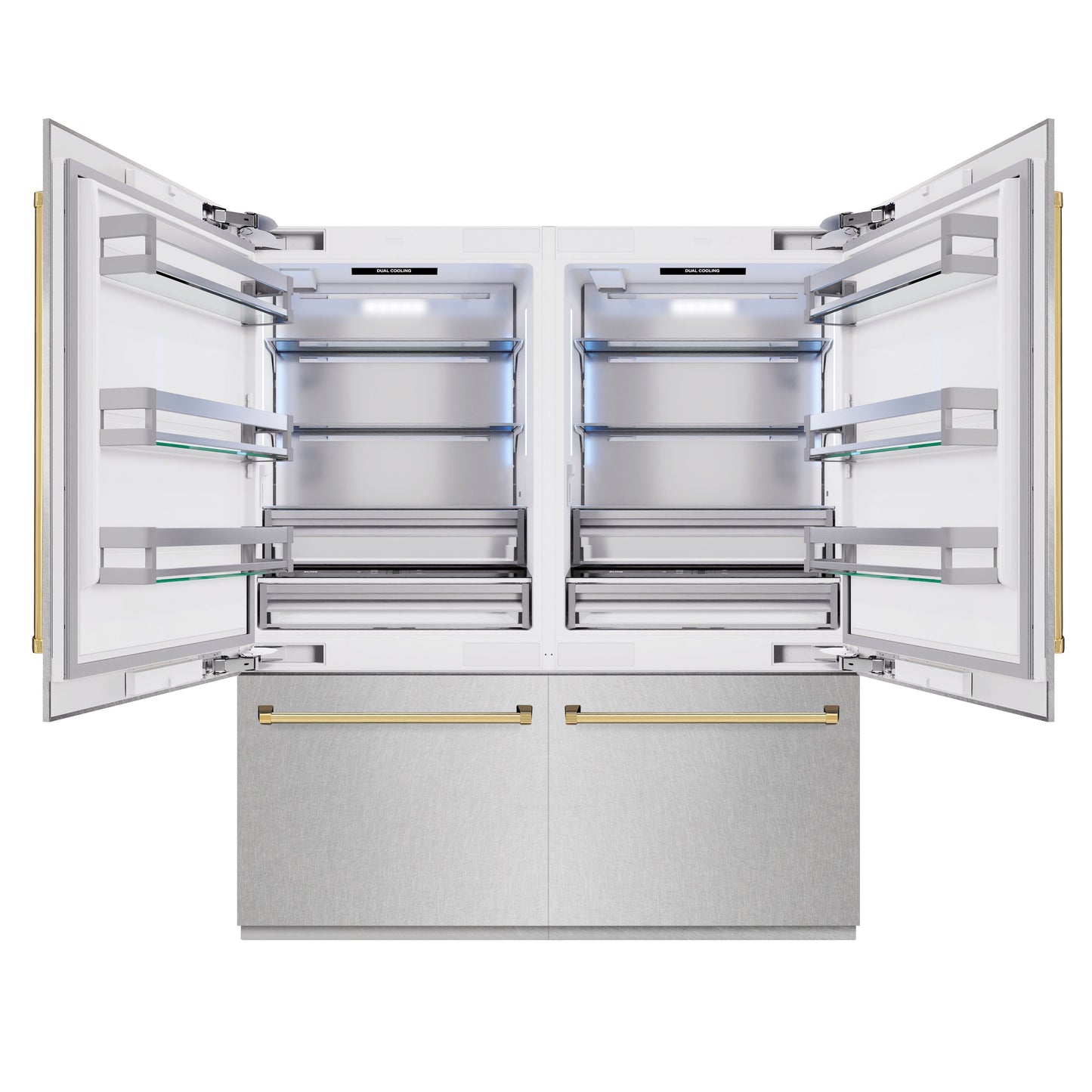 ZLINE Autograph Edition 72 in. 39.6 cu. ft. French Door Built-In Bottom Freezer Refrigerator with Water Dispensers and Ice Makers in Satin Stainless Steel and Polished Gold Accents (RBITZ-SN-72-G)