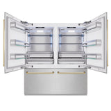 ZLINE Autograph Edition 72 in. 39.6 cu. ft. French Door Built-In Bottom Freezer Refrigerator with Water Dispensers and Ice Makers in Satin Stainless Steel and Polished Gold Accents (RBITZ-SN-72-G)