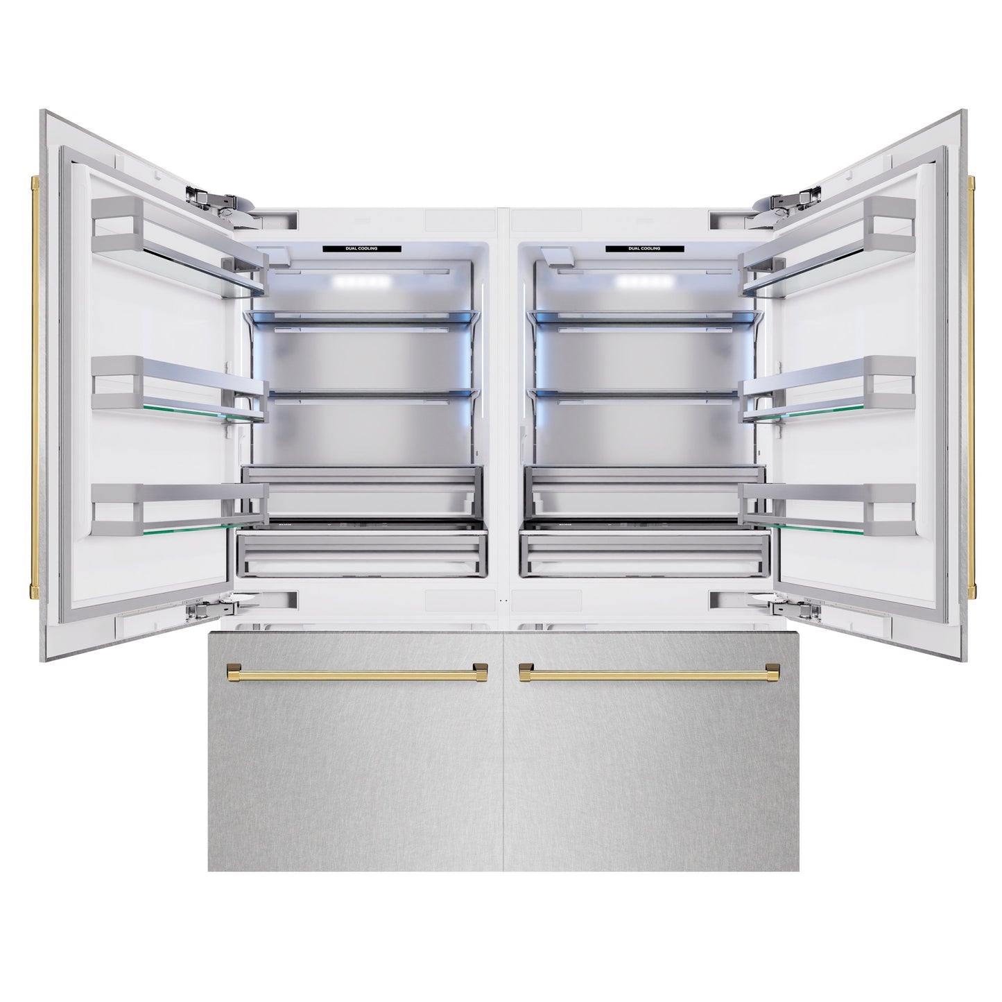 ZLINE Autograph Edition 72 in. 39.6 cu. ft. French Door Built-In Bottom Freezer Refrigerator with Water Dispensers and Ice Makers in Satin Stainless Steel and Polished Gold Accents (RBITZ-SN-72-G)