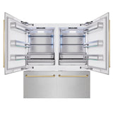 ZLINE Autograph Edition 72 in. 39.6 cu. ft. French Door Built-In Bottom Freezer Refrigerator with Water Dispensers and Ice Makers in Satin Stainless Steel and Polished Gold Accents (RBITZ-SN-72-G)