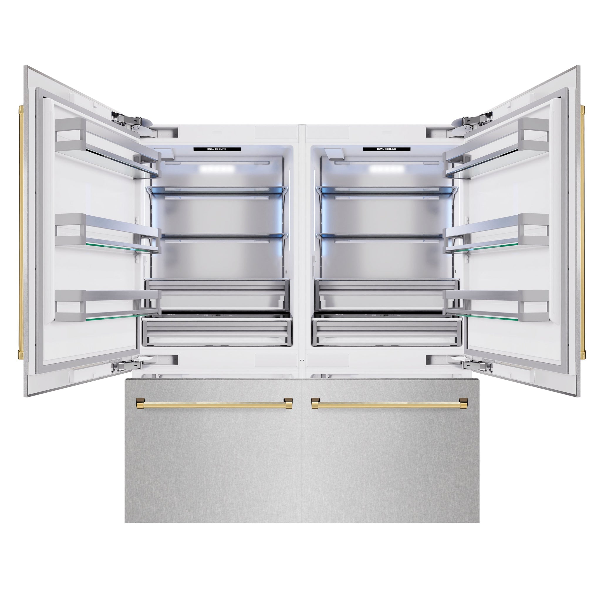 ZLINE Autograph Edition 72 in. 39.6 cu. ft. French Door Built-In Bottom Freezer Refrigerator with Water Dispensers and Ice Makers in Satin Stainless Steel and Polished Gold Accents (RBITZ-SN-72-G)