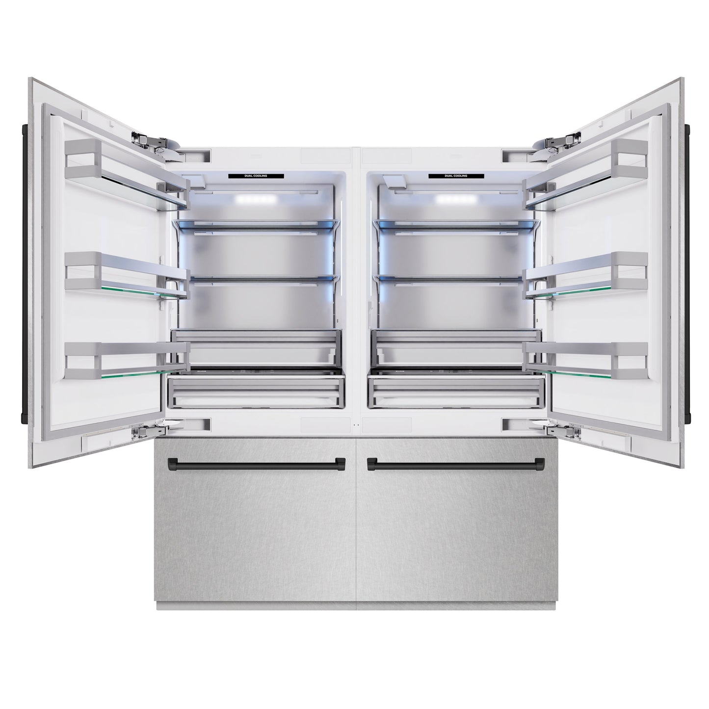 ZLINE Autograph Edition 72 in. 39.6 cu. ft. French Door Built-In Bottom Freezer Refrigerator with Water Dispensers and Ice Makers in Satin Stainless Steel and Matte Black Accents (RBITZ-SN-72-MB)