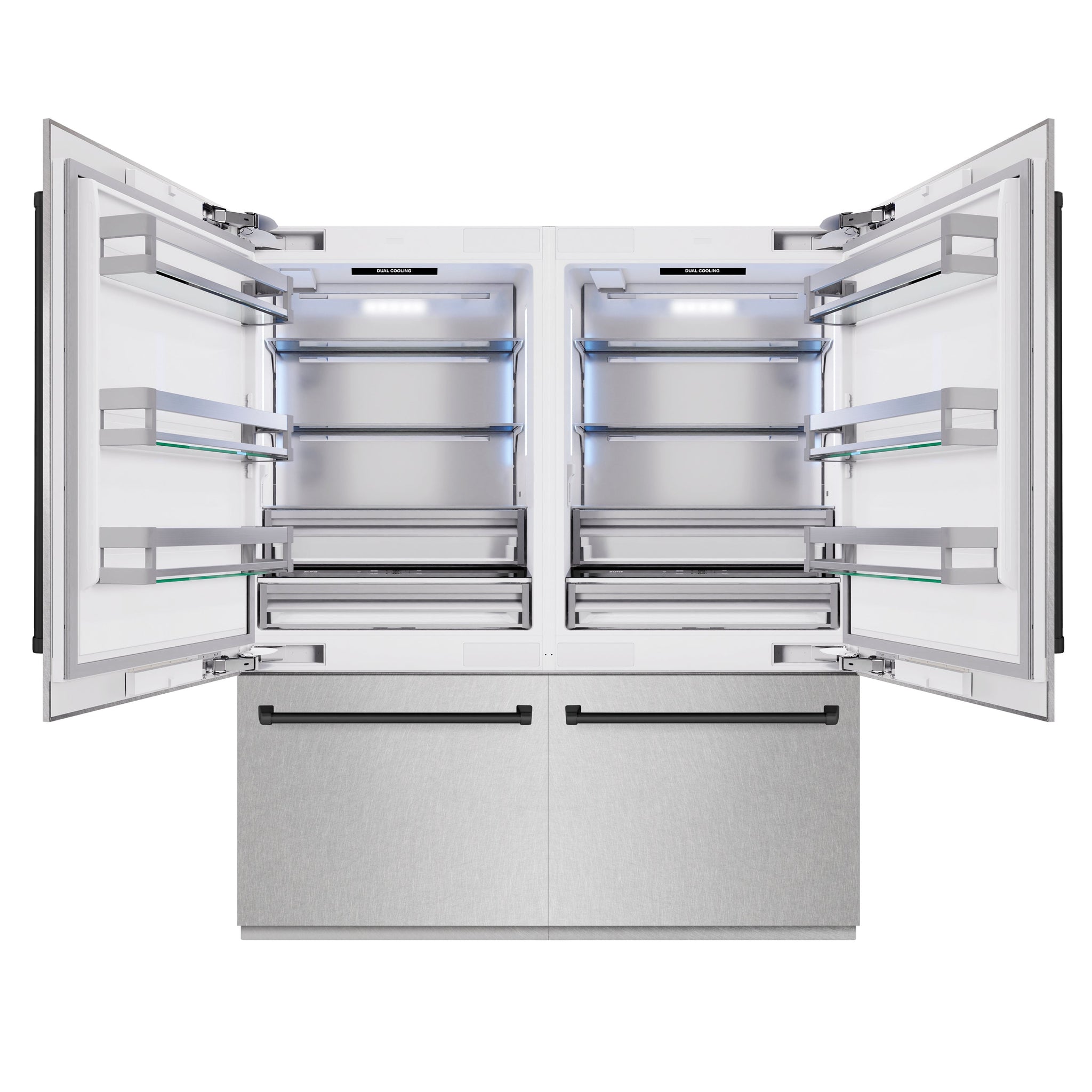 ZLINE Autograph Edition 72 in. 39.6 cu. ft. French Door Built-In Bottom Freezer Refrigerator with Water Dispensers and Ice Makers in Satin Stainless Steel and Matte Black Accents (RBITZ-SN-72-MB)