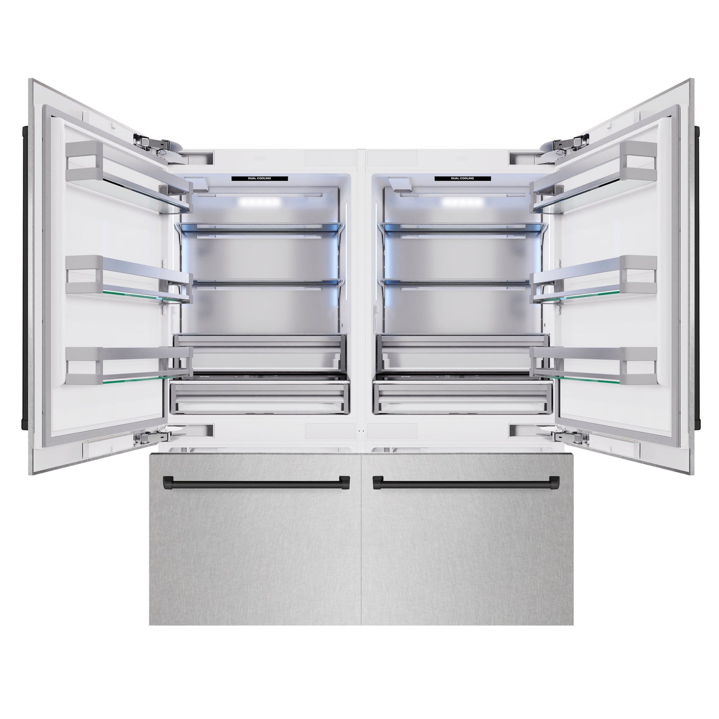 ZLINE Autograph Edition 72 in. 39.6 cu. ft. French Door Built-In Bottom Freezer Refrigerator with Water Dispensers and Ice Makers in Satin Stainless Steel and Matte Black Accents (RBITZ-SN-72-MB)