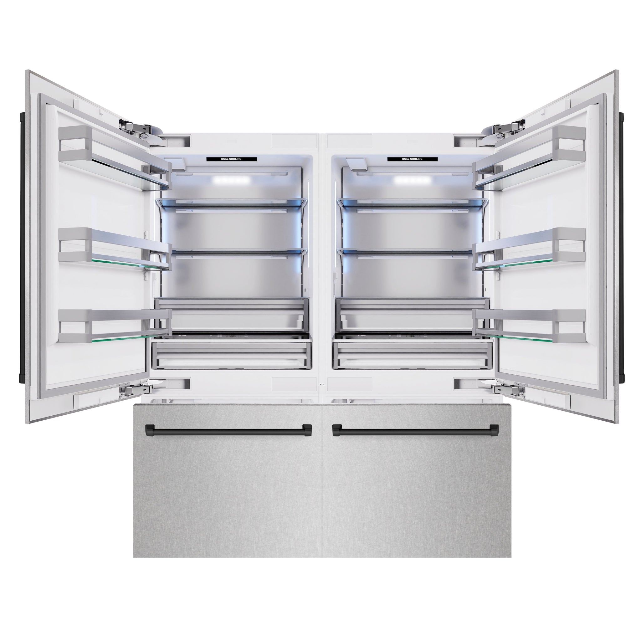 ZLINE Autograph Edition 72 in. 39.6 cu. ft. French Door Built-In Bottom Freezer Refrigerator with Water Dispensers and Ice Makers in Satin Stainless Steel and Matte Black Accents (RBITZ-SN-72-MB)