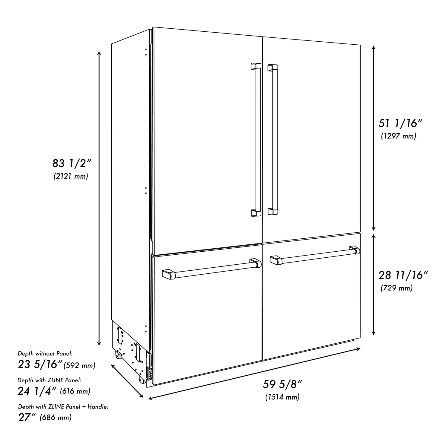 ZLINE 60 in. 32.2 cu. ft. French Door Built-In Bottom Freezer Refrigerator with Water Dispensers and Ice Makers in Satin Stainless Steel (RBIV-SN-60)