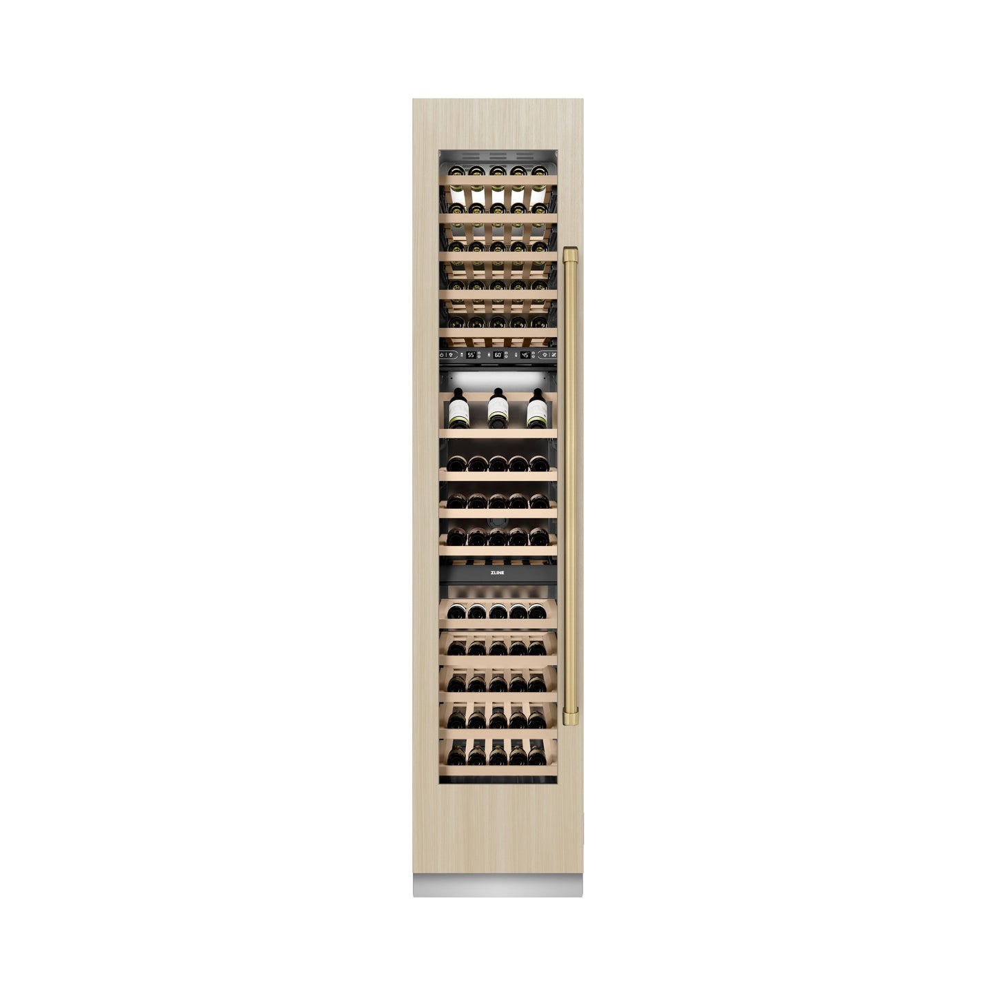 ZLINE Autograph Edition 18 in. 9.0 cu. ft. Triple Zone 68 Bottle Panel Ready Left Hinge Column Wine Cooler with Champagne Bronze Accents (RBCWVLZ-18-CB)