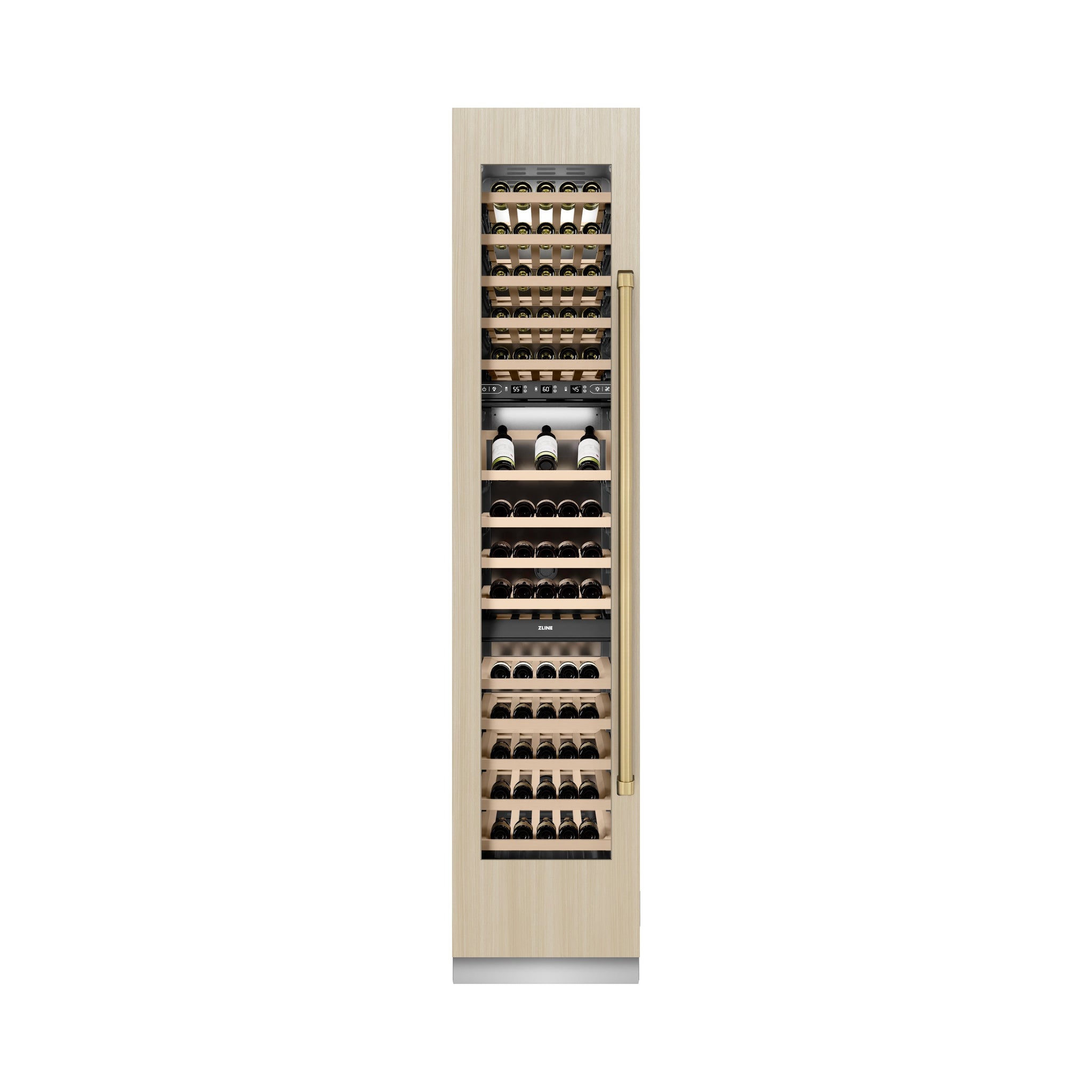 ZLINE Autograph Edition 18 in. 9.0 cu. ft. Triple Zone 68 Bottle Panel Ready Left Hinge Column Wine Cooler with Champagne Bronze Accents (RBCWVLZ-18-CB)