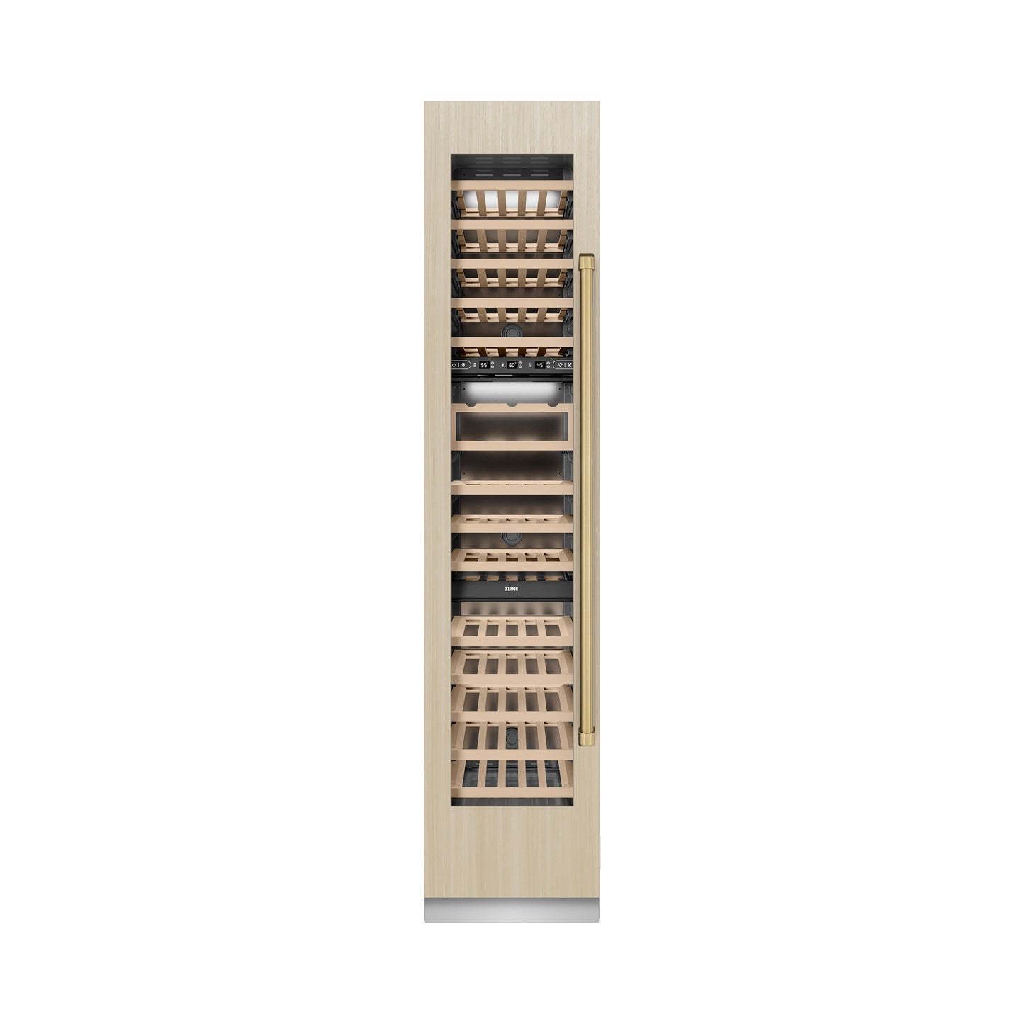 ZLINE Autograph Edition 18 in. 9.0 cu. ft. Triple Zone 68 Bottle Panel Ready Left Hinge Column Wine Cooler with Champagne Bronze Accents (RBCWVLZ-18-CB)