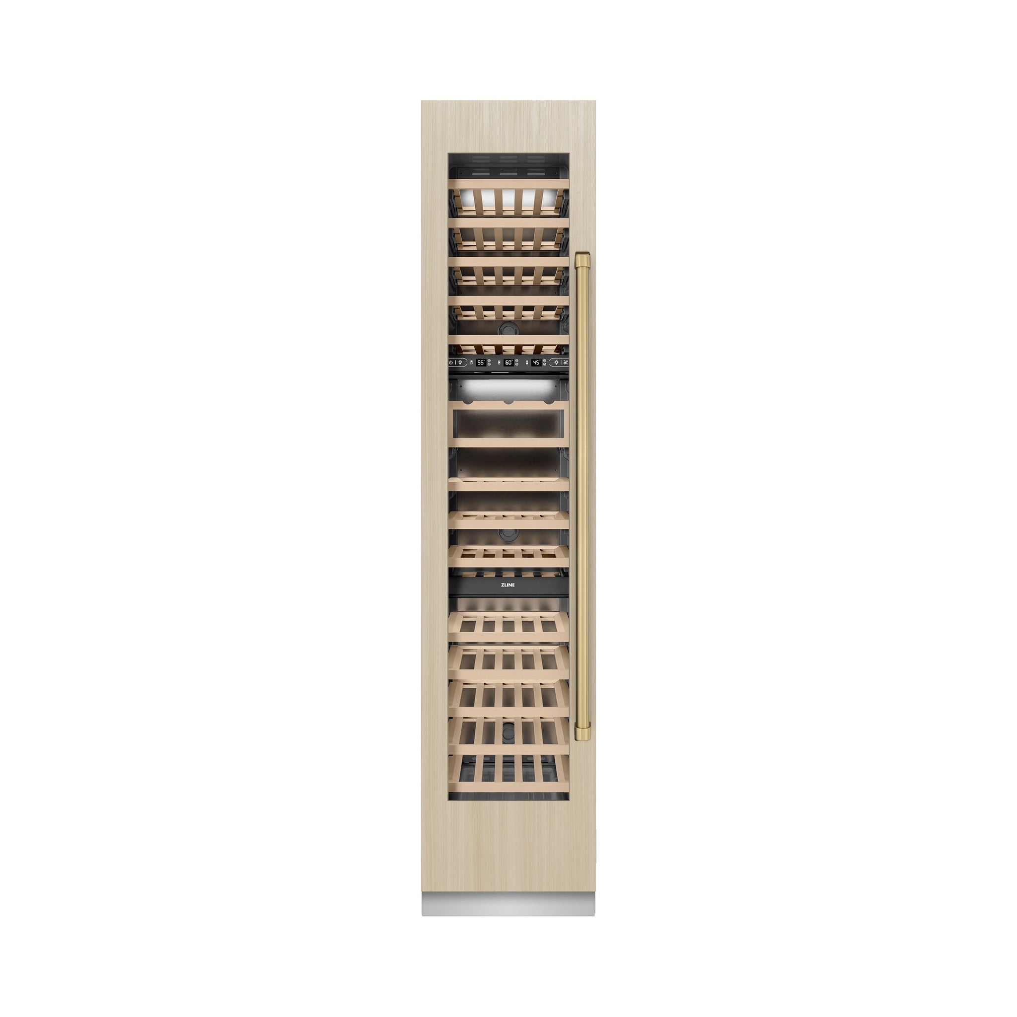 ZLINE Autograph Edition 18 in. 9.0 cu. ft. Triple Zone 68 Bottle Panel Ready Left Hinge Column Wine Cooler with Champagne Bronze Accents (RBCWVLZ-18-CB)