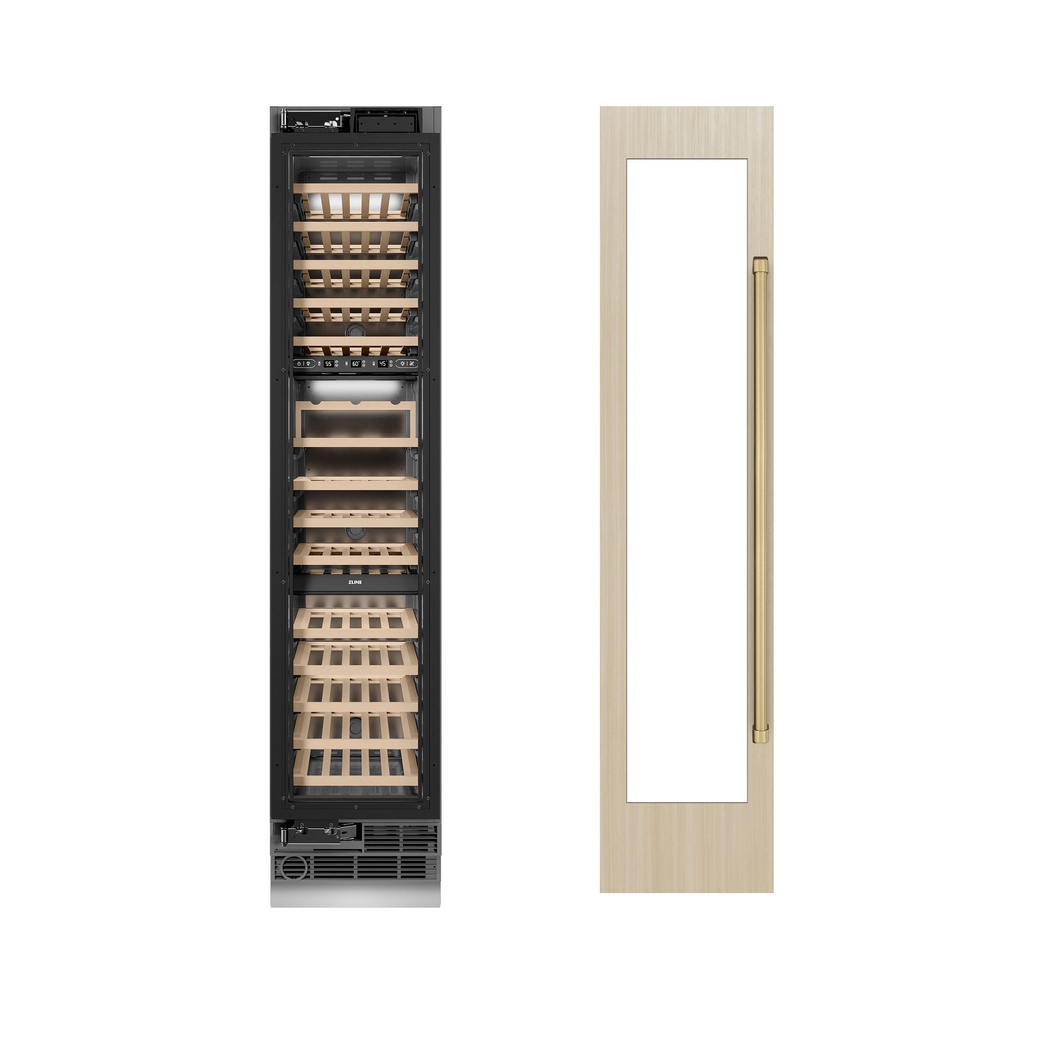 ZLINE Autograph Edition 18 in. 9.0 cu. ft. Triple Zone 68 Bottle Panel Ready Left Hinge Column Wine Cooler with Champagne Bronze Accents (RBCWVLZ-18-CB)