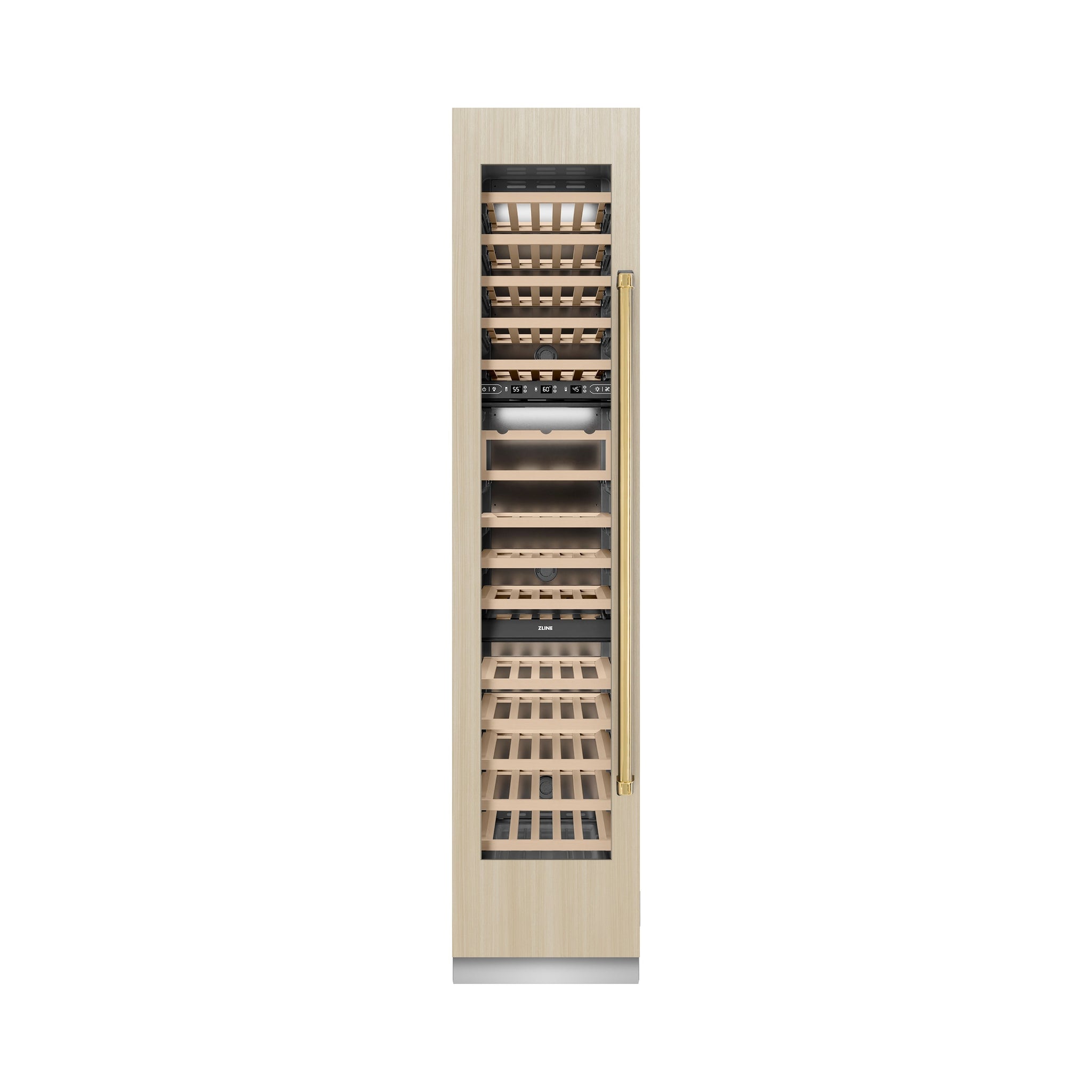ZLINE Autograph Edition 18 in. 9.0 cu. ft. Triple Zone 68 Bottle Panel Ready Left Hinge Column Wine Cooler with Polished Gold Accents (RBCWVLZ-18-G)