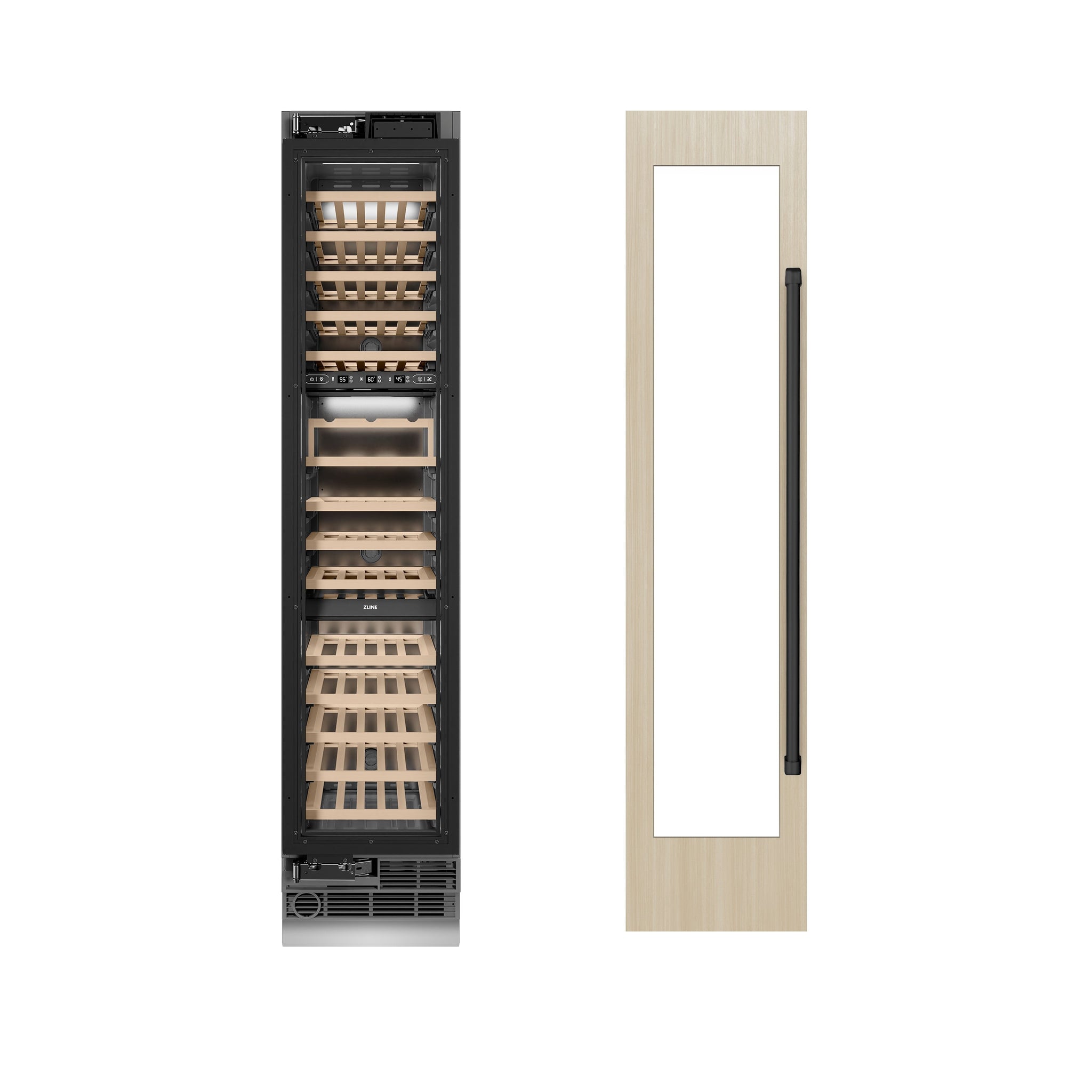 ZLINE Autograph Edition 18 in. 9.0 cu. ft. Triple Zone 68 Bottle Panel Ready Left Hinge Column Wine Cooler with Matte Black Accents (RBCWVLZ-18-MB)