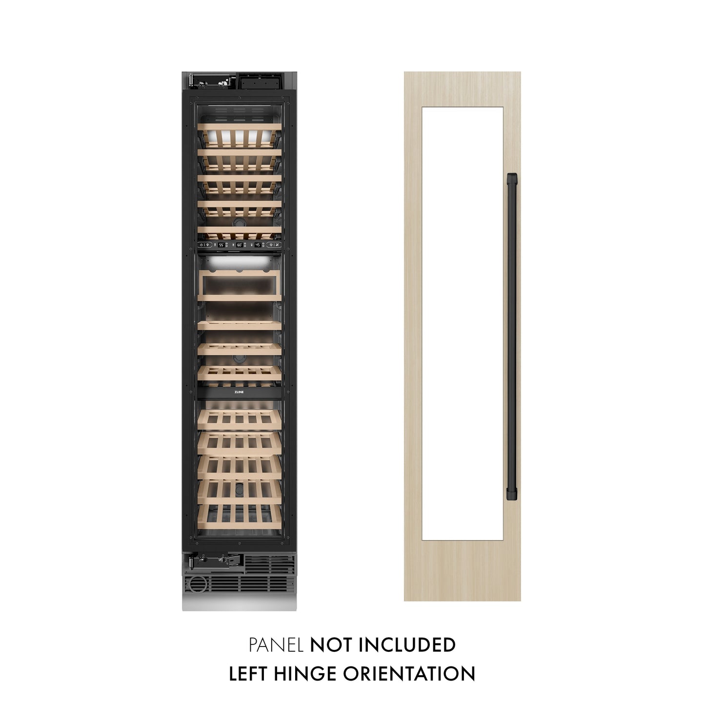 ZLINE Autograph Edition 18 in. 9.0 cu. ft. Triple Zone 68 Bottle Panel Ready Left Hinge Column Wine Cooler with Matte Black Accents (RBCWVLZ-18-MB)
