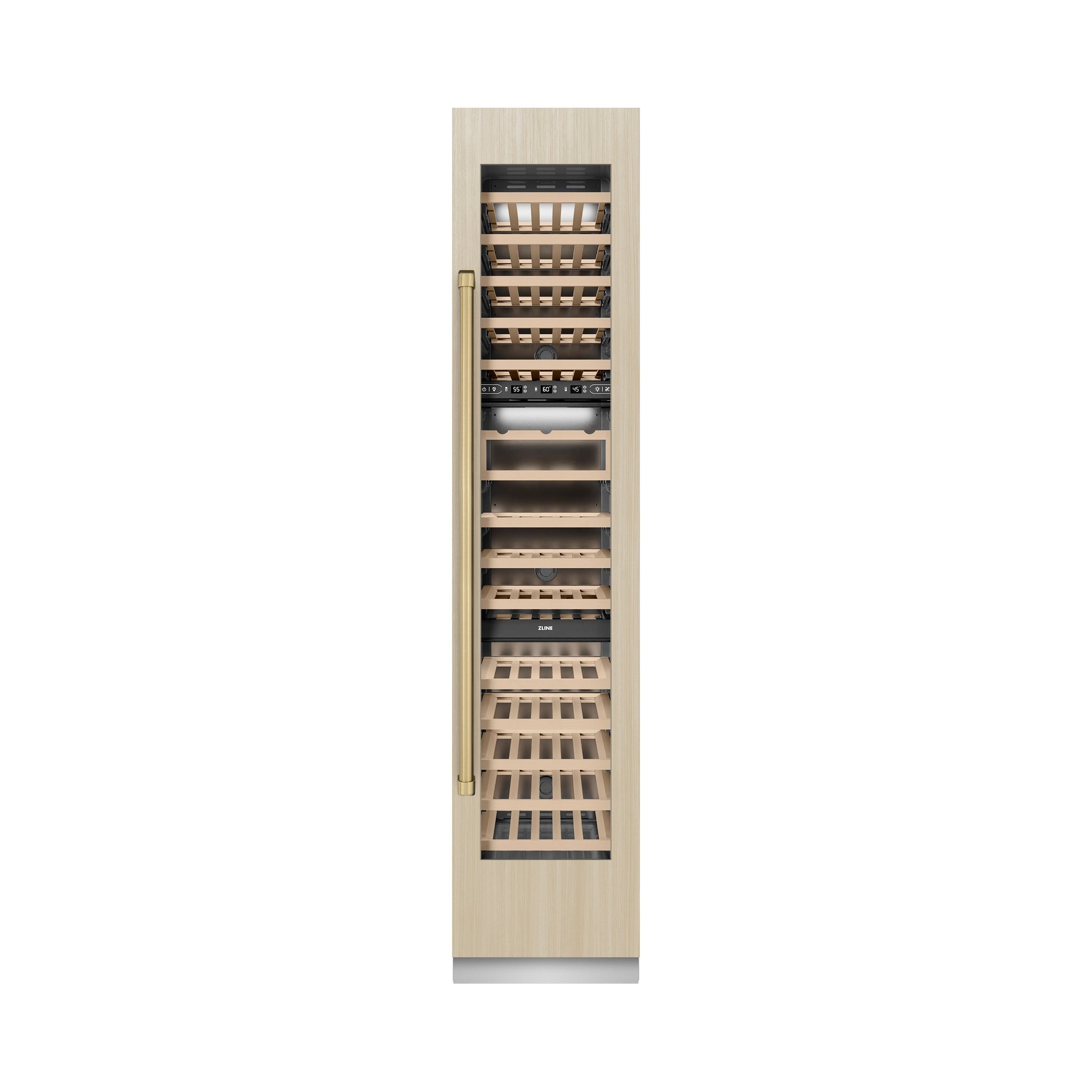 ZLINE Autograph Edition 18 in. 9.0 cu. ft. Triple Zone 68 Bottle Panel Ready Right Hinge Column Wine Cooler with Champagne Bronze Accents (RBCWVRZ-18-CB)