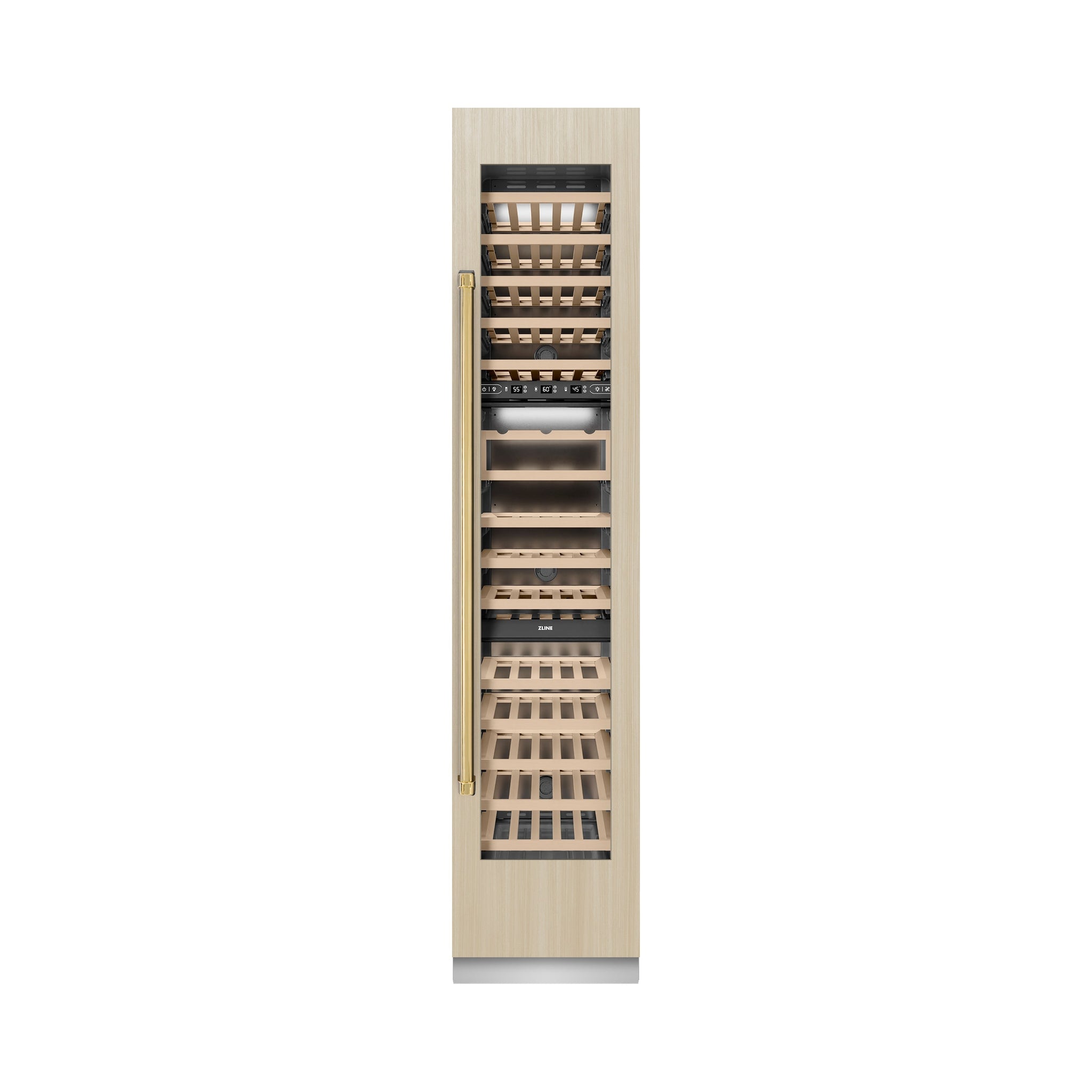 ZLINE Autograph Edition 18 in. 9.0 cu. ft. Triple Zone 68 Bottle Panel Ready Right Hinge Column Wine Cooler with Polished Gold Accents (RBCWVRZ-18-G)