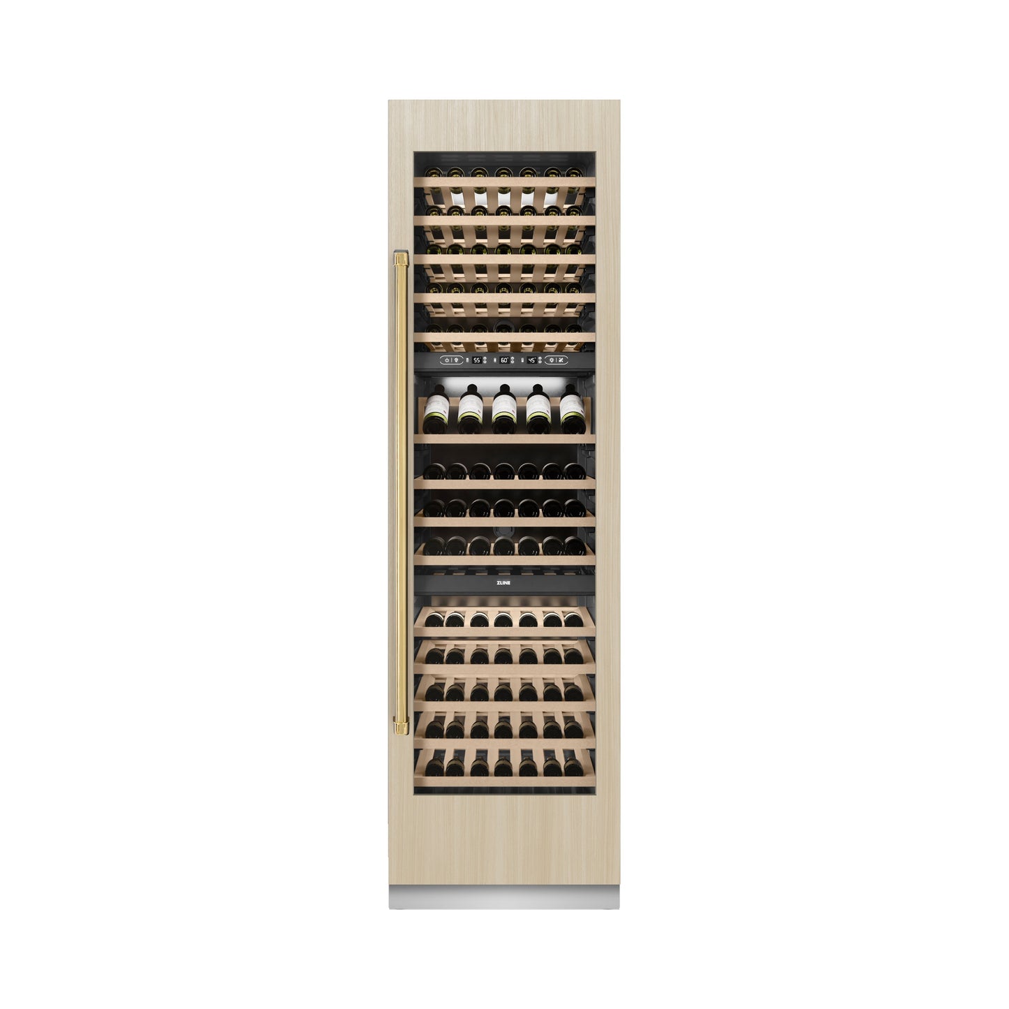 ZLINE Autograph Edition 24 in. 12.4 cu. ft. Triple Zone 100 Bottle Panel Ready Column Wine Cooler with Polished Gold Accents (RBCWVZ-24-G)