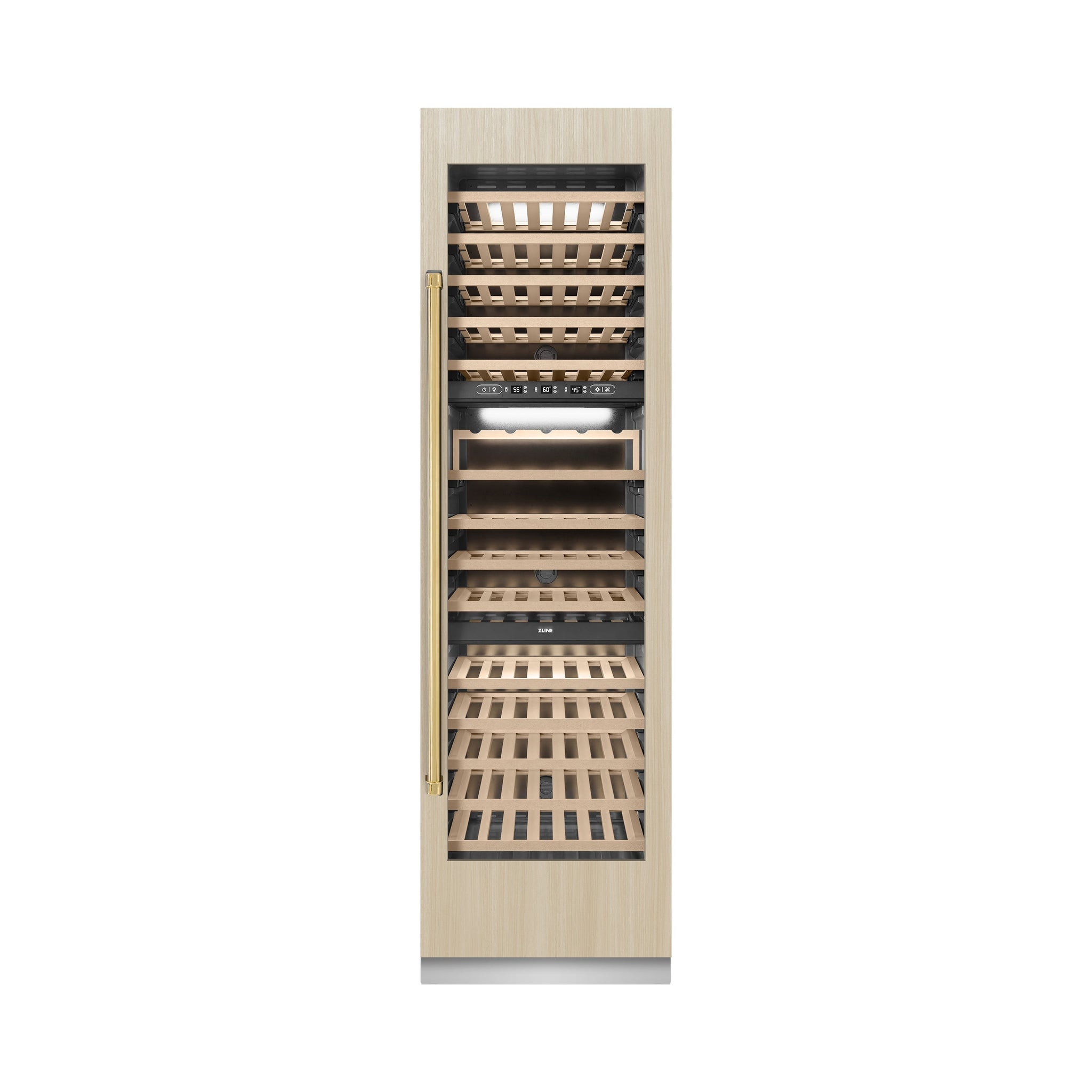 ZLINE Autograph Edition 24 in. 12.4 cu. ft. Triple Zone 100 Bottle Panel Ready Column Wine Cooler with Polished Gold Accents (RBCWVZ-24-G)