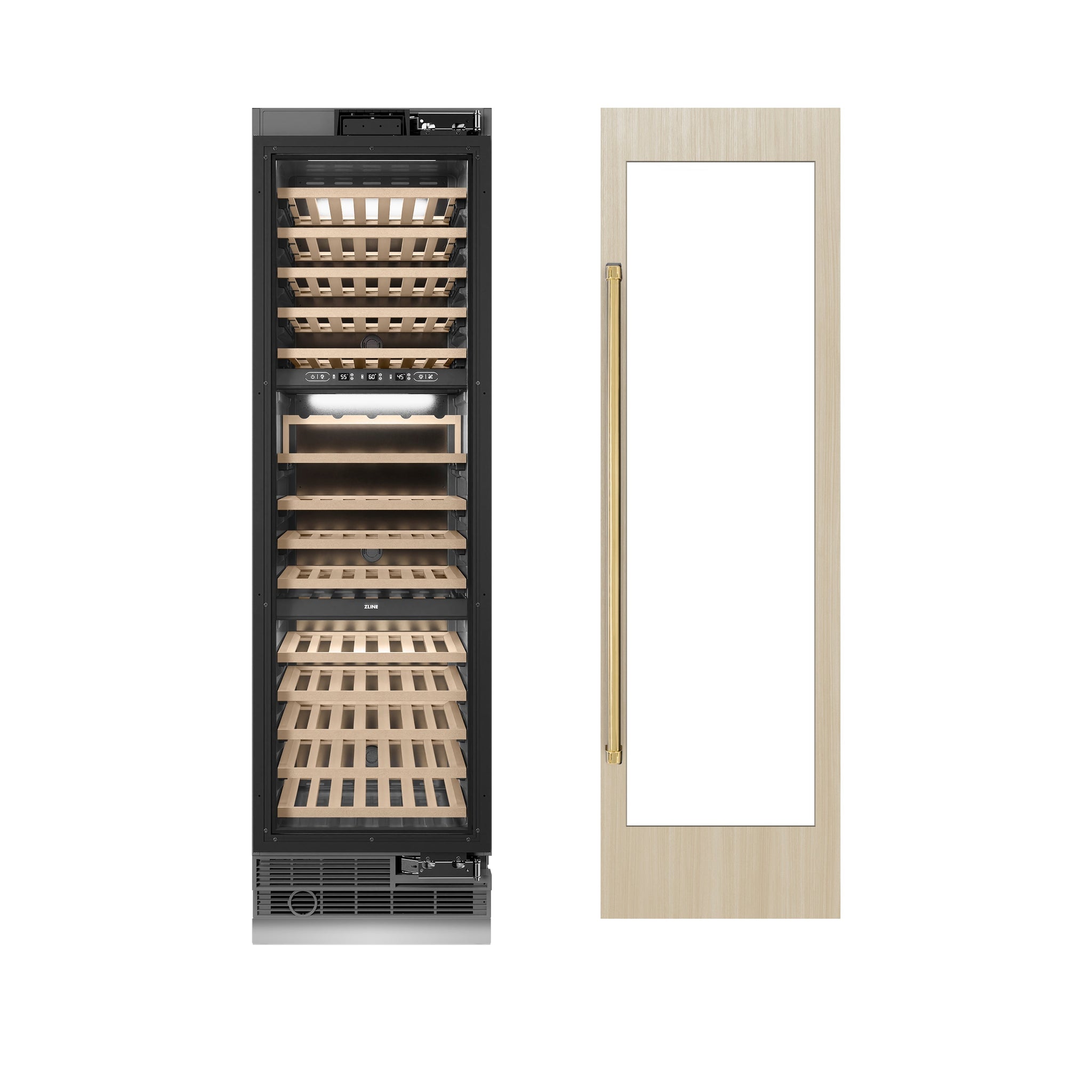 ZLINE Autograph Edition 24 in. 12.4 cu. ft. Triple Zone 100 Bottle Panel Ready Column Wine Cooler with Polished Gold Accents (RBCWVZ-24-G)
