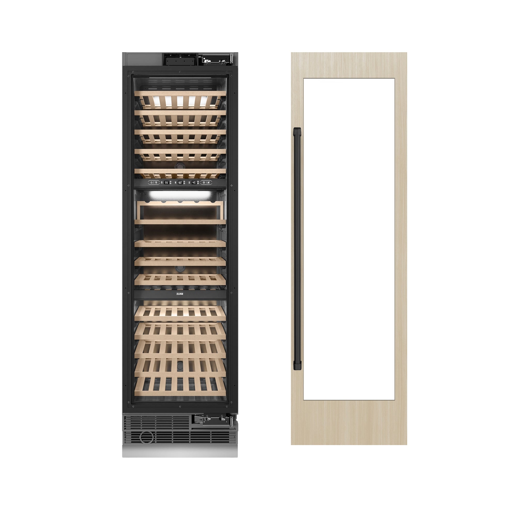 ZLINE Autograph Edition 24 in. 12.4 cu. ft. Triple Zone 100 Bottle Panel Ready Column Wine Cooler with Matte Black Accents (RBCWVZ-24-MB)