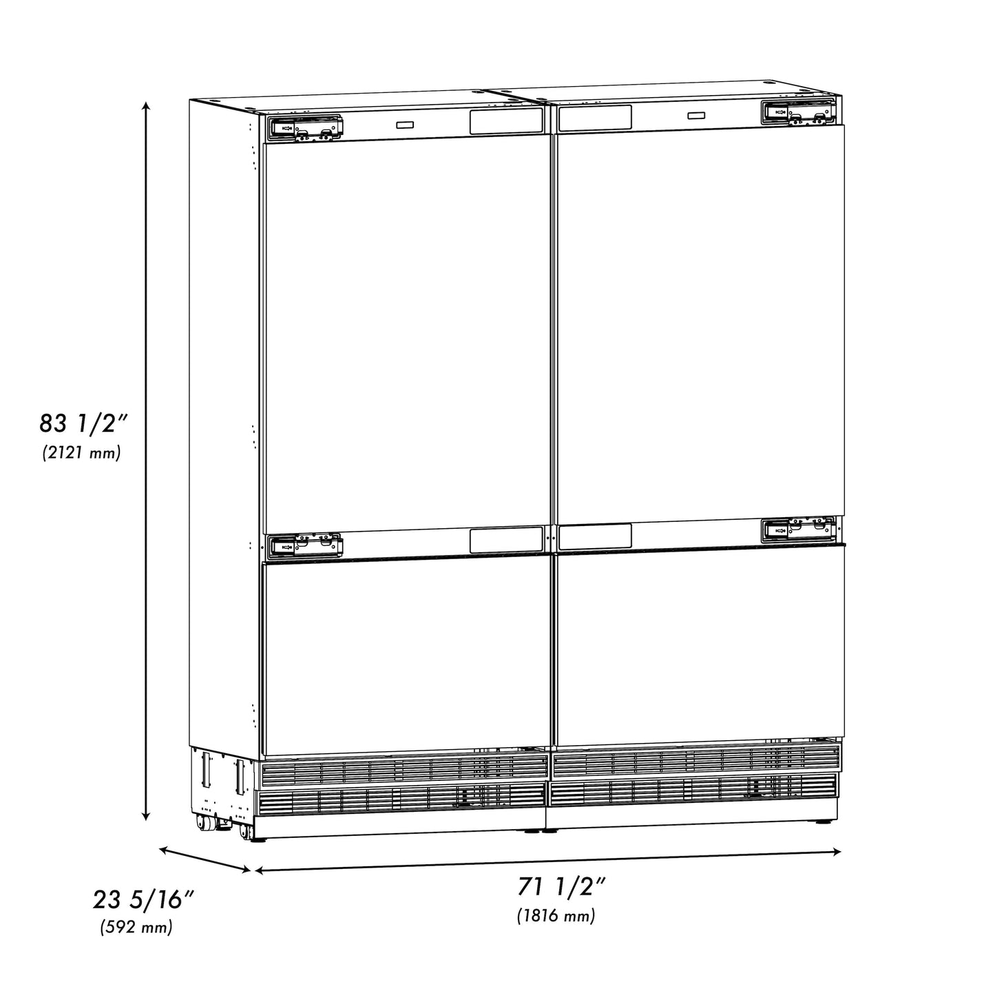 ZLINE 72 in. 39.6 cu. ft. Panel Ready French Door Built-In Bottom Freezer Refrigerator with Water Dispensers and Ice Makers with Graphite Gray Interior (GRBIT-72)
