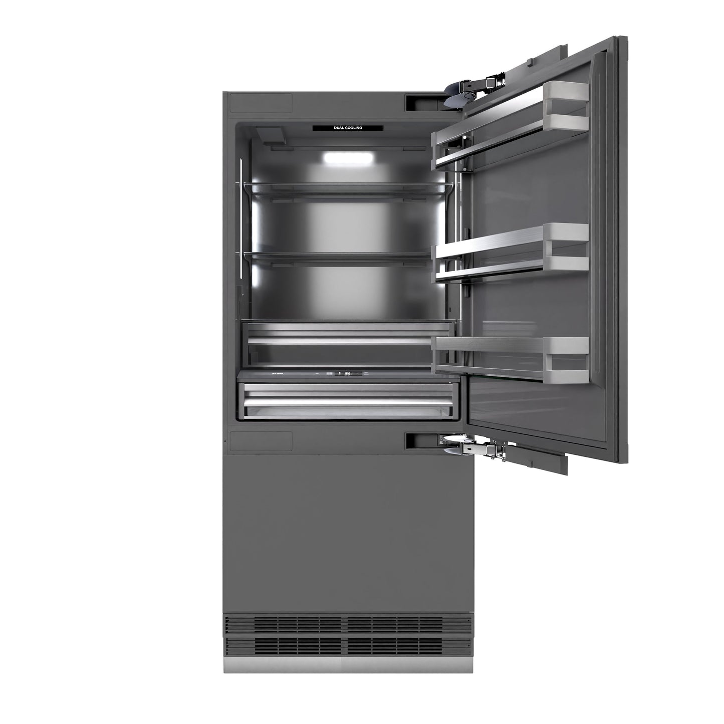 ZLINE Autograph Edition 36 in. 19.8 cu. ft. Panel Ready Built-In Bottom Freezer Refrigerator with Water Dispenser and Ice Maker with Graphite Gray Interior and Champagne Bronze Accents (GRBITZ-36-CB)