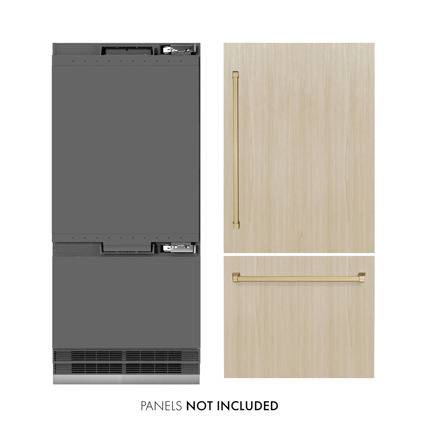 ZLINE Autograph Edition 36 in. 19.8 cu. ft. Panel Ready Built-In Bottom Freezer Refrigerator with Water Dispenser and Ice Maker with Graphite Gray Interior and Champagne Bronze Accents (GRBITZ-36-CB)